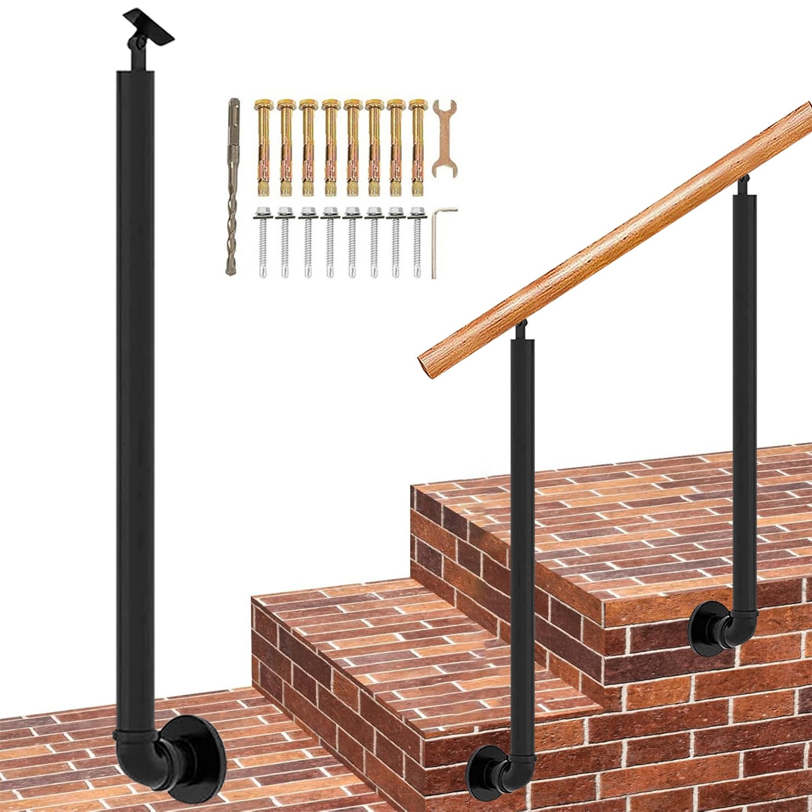 Lonmrrton Industrial Wrought Iron Handrail for Outdoor Steps Side-Mounted Banister Column for Exterior Garden Porch Deck Railing Single Post with Installation Kit(85cm(33.5in))