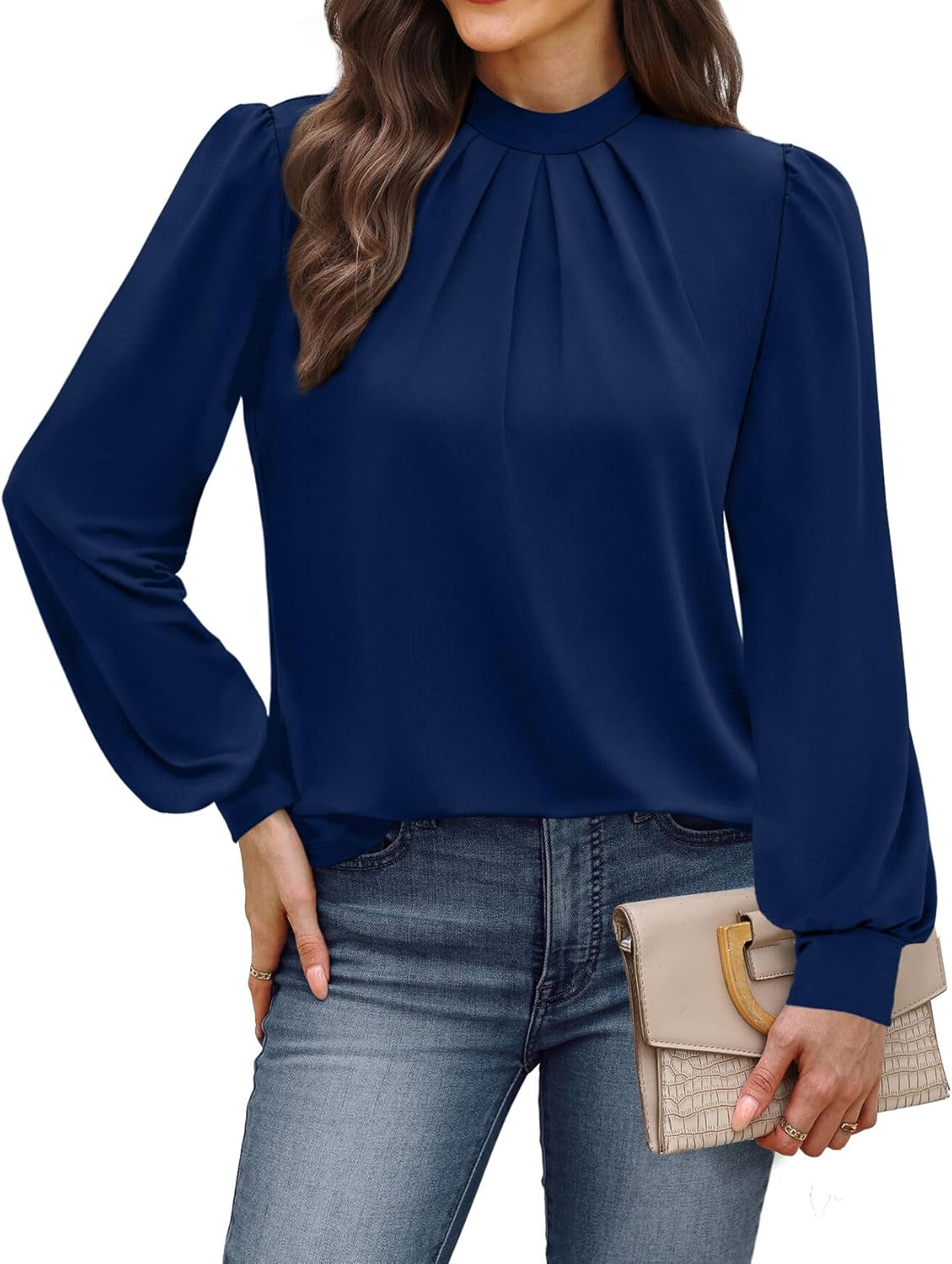 WIHOLL Long Sleeve Shirts for Women Mock Neck Tops Pleated Front Blouses Dressy Casual Spring Fall Clothes 2026 Fashion - Image 2