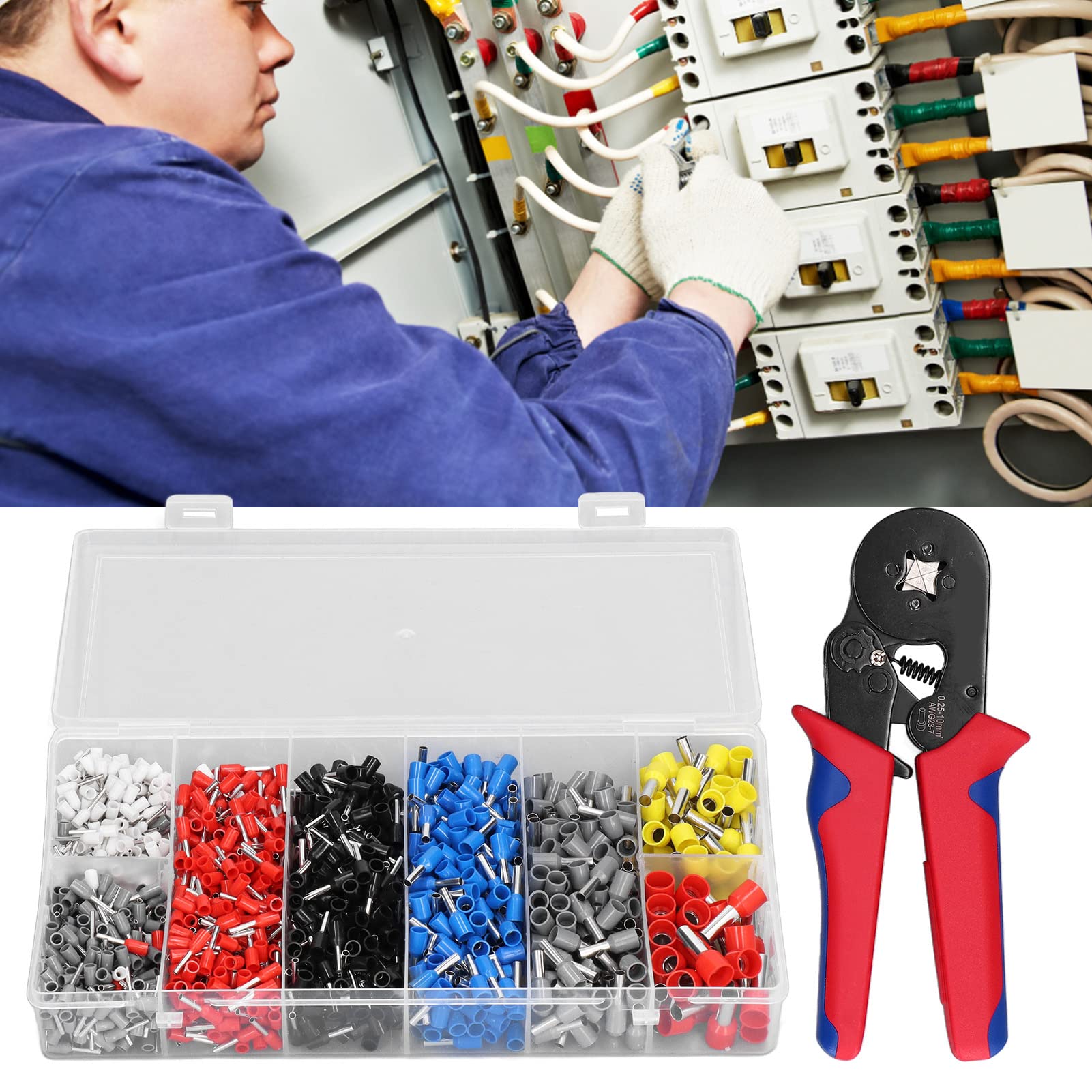 Szczypce do zaciskania samoregulujące narzędzie do zaciskania z 1200 szt. zacisków tulejkowych do projektów okablowania elektrycznego 0,25 10 mm² Konstrukcja z miedzi ze stali węglowej