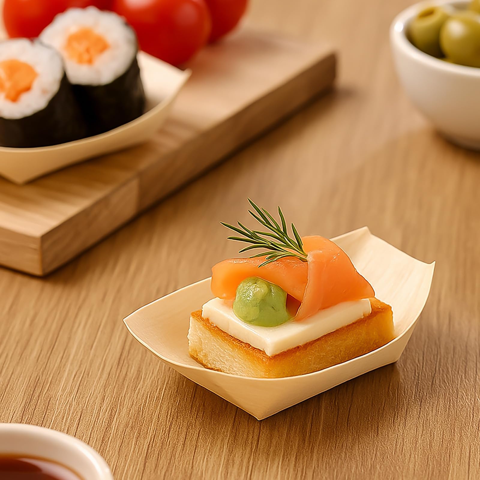 Horeca Collection MAXI PRODUCTS - 250 Barquillas de Madera Desechables - Cuencos Catering Aperitivos Desechable - Cuenco Madera Cocktail - Barquillas Madera 8 x 6 x 1,5 cm - PRÁCTICO Y APILABLE