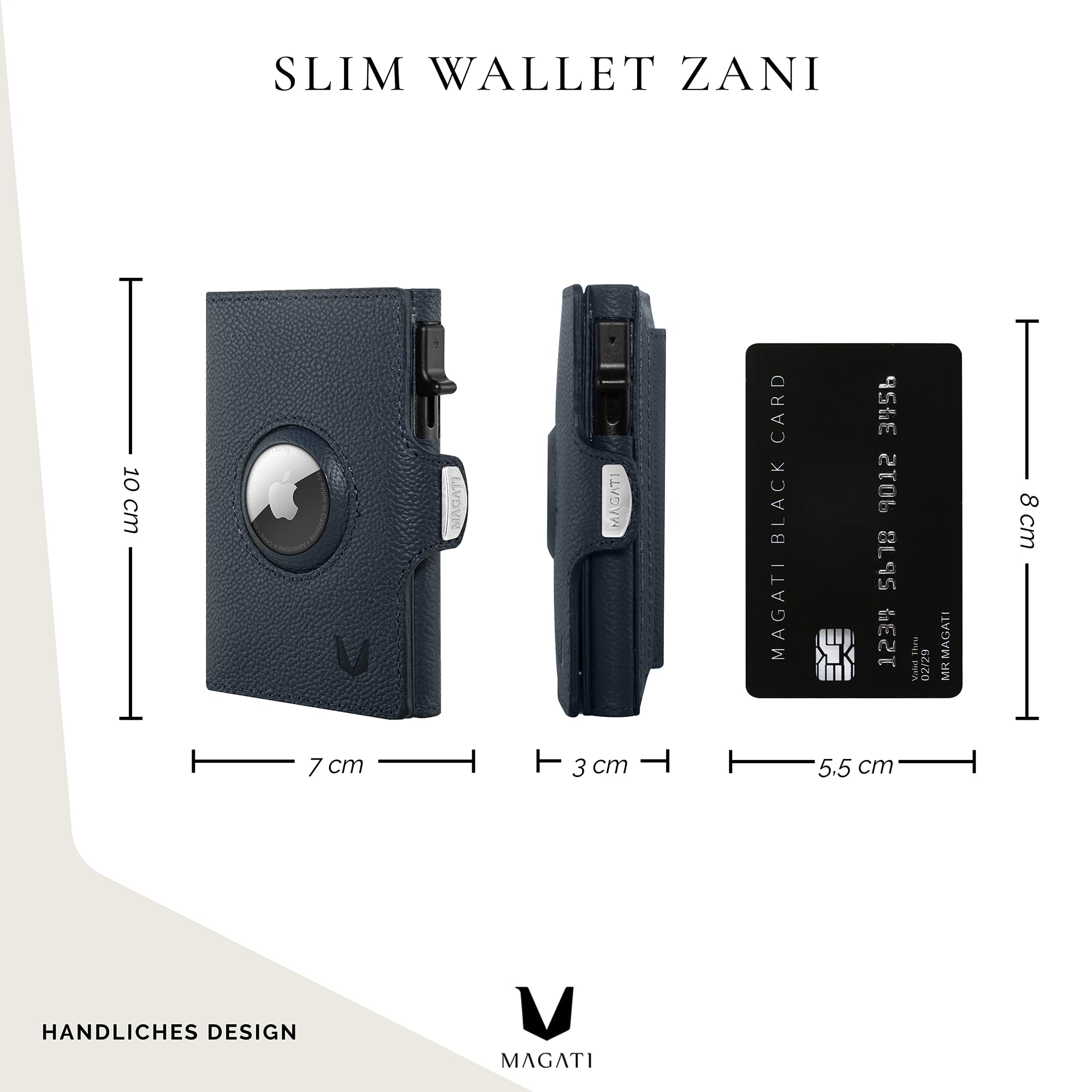 MAGATI Slim Wallet Zani mit AirTag Hülle aus Leder, inkl. Fundservice, Kartenetui mit Münzfach & RFID Blocker, Geldbörse für AirTag, Portmonee mit Kartenhalter & Geldscheinfach, Blau