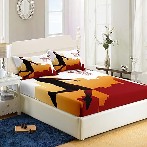 AILONEN Sábana bajera de baloncesto para dormitorio de niños adolescentes, juego de sábanas temáticas deportivas tamaño individual, juego de sábanas