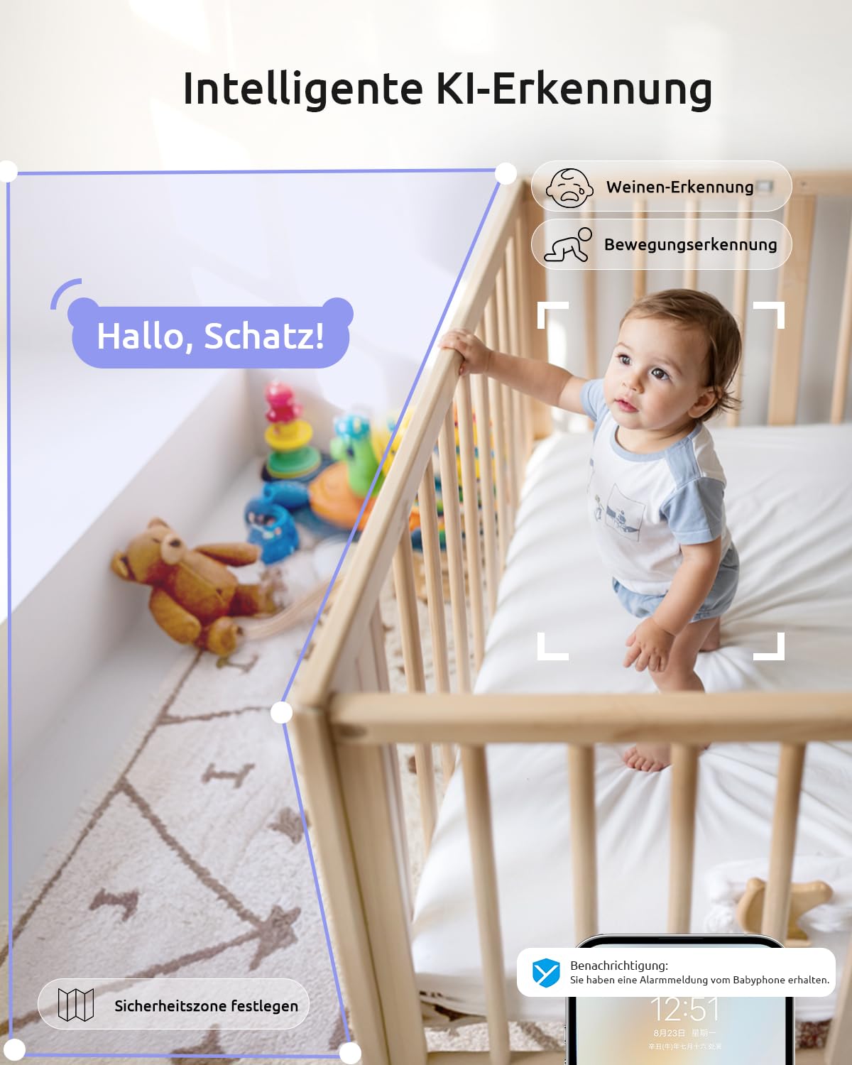 Babyphone mit Kamera 2K/3MP, 5.5" HD WLAN Video Babyfon mit App, IR/RBG Nachtsicht, PTZ 360°, Weinen/Bewegungs-Erkennung, AI-Tracking, Bereich Alarme, 2-Wege-Audio, hohe Reichweite, 2 Stück