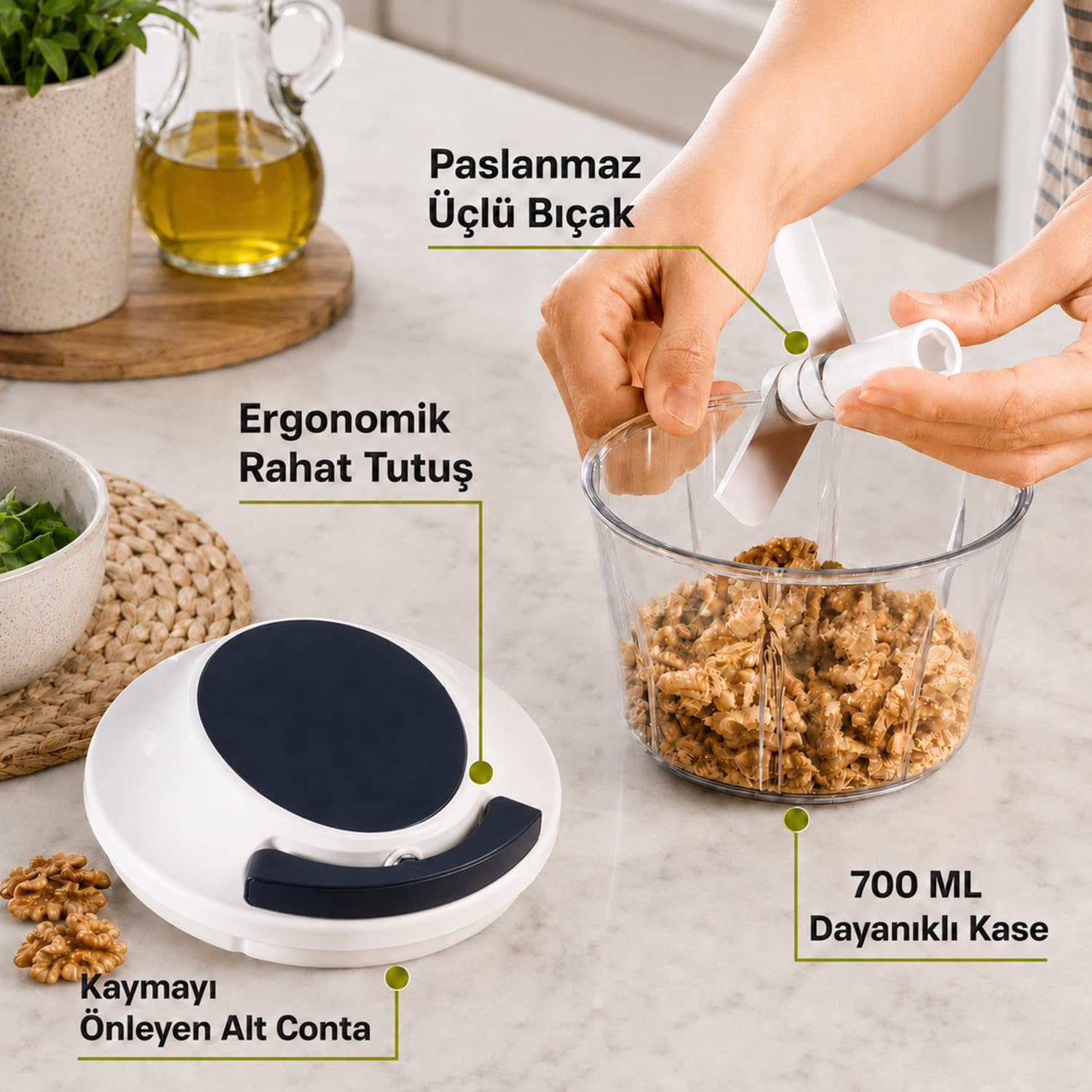 Paslanmaz 3 Bıçaklı İpli Rondo, Sebze Meyve Kuruyemiş İçin Taşınabilir Manuel Çekmeli Doğrayıcı, Hızlı Pratik ve Ergonomik, Plastik, 700 ml (Koyu Antrasit)
