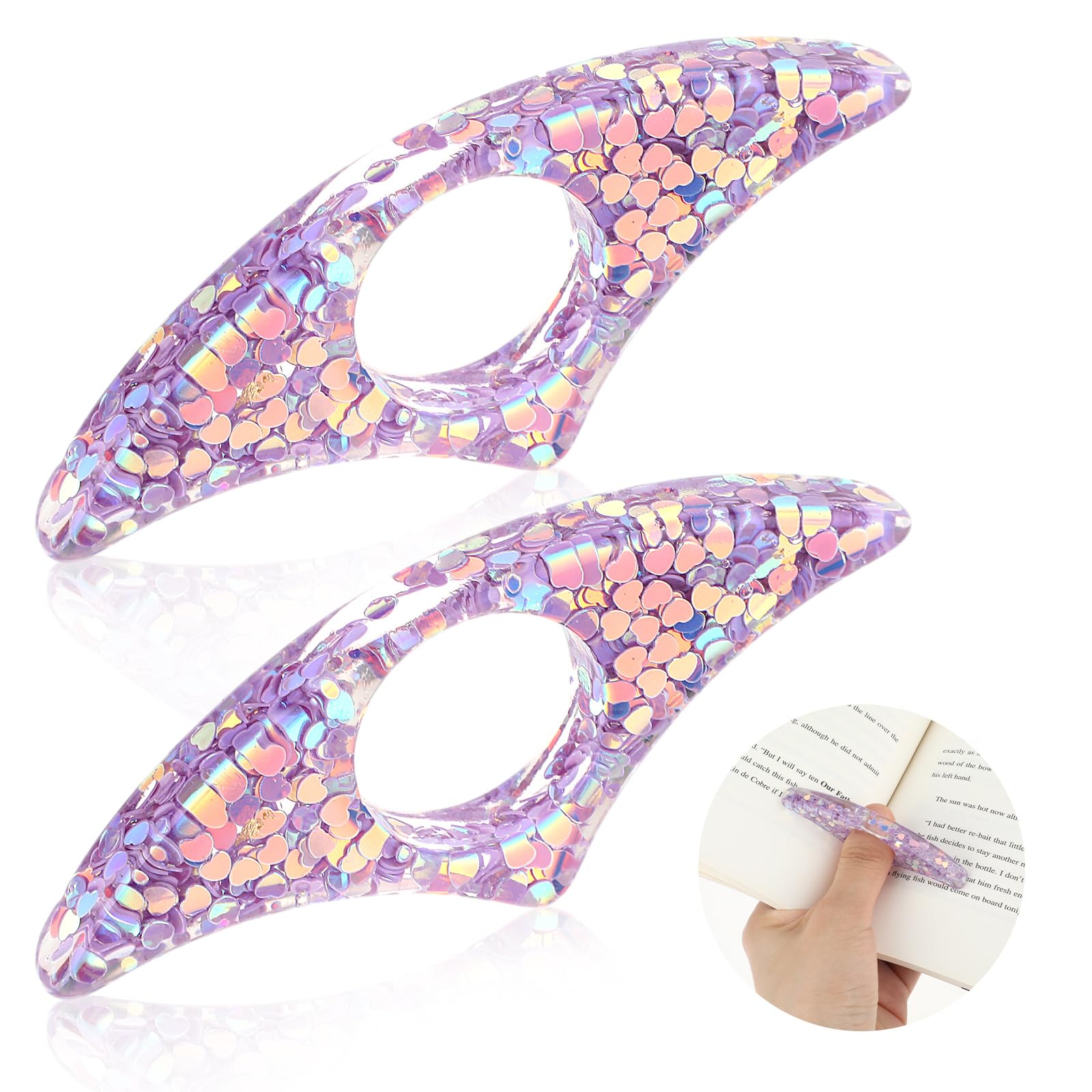 2 Pcs Rhinestones Thumb Book Page Holder, Glitter Shiny Dotting Scalloped Thumb Bookmarks Resin Book Opener Gift for Reading Bookworm Readers