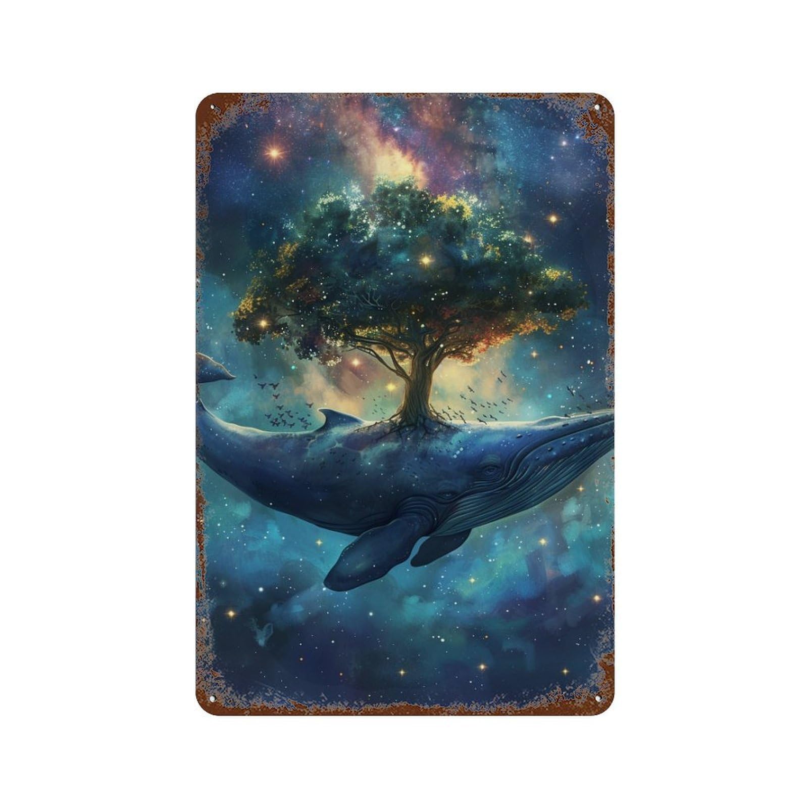 Whale Tree Fantasy Artwork Weathered Tin Sign 11.8"x7.9", Industrial Home Decor for Basement, Hobby Room And Garage Decor