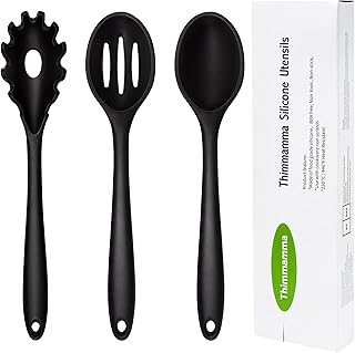 Silicone Cooking Spoons, Heat Resistant Large Silicone Pasta Slotted Spoon Solid Basting Spoon set for Nonstick Cookware, BPA Free Black Kitchen Silicone Spoons set for Mixing, Serving, Draining