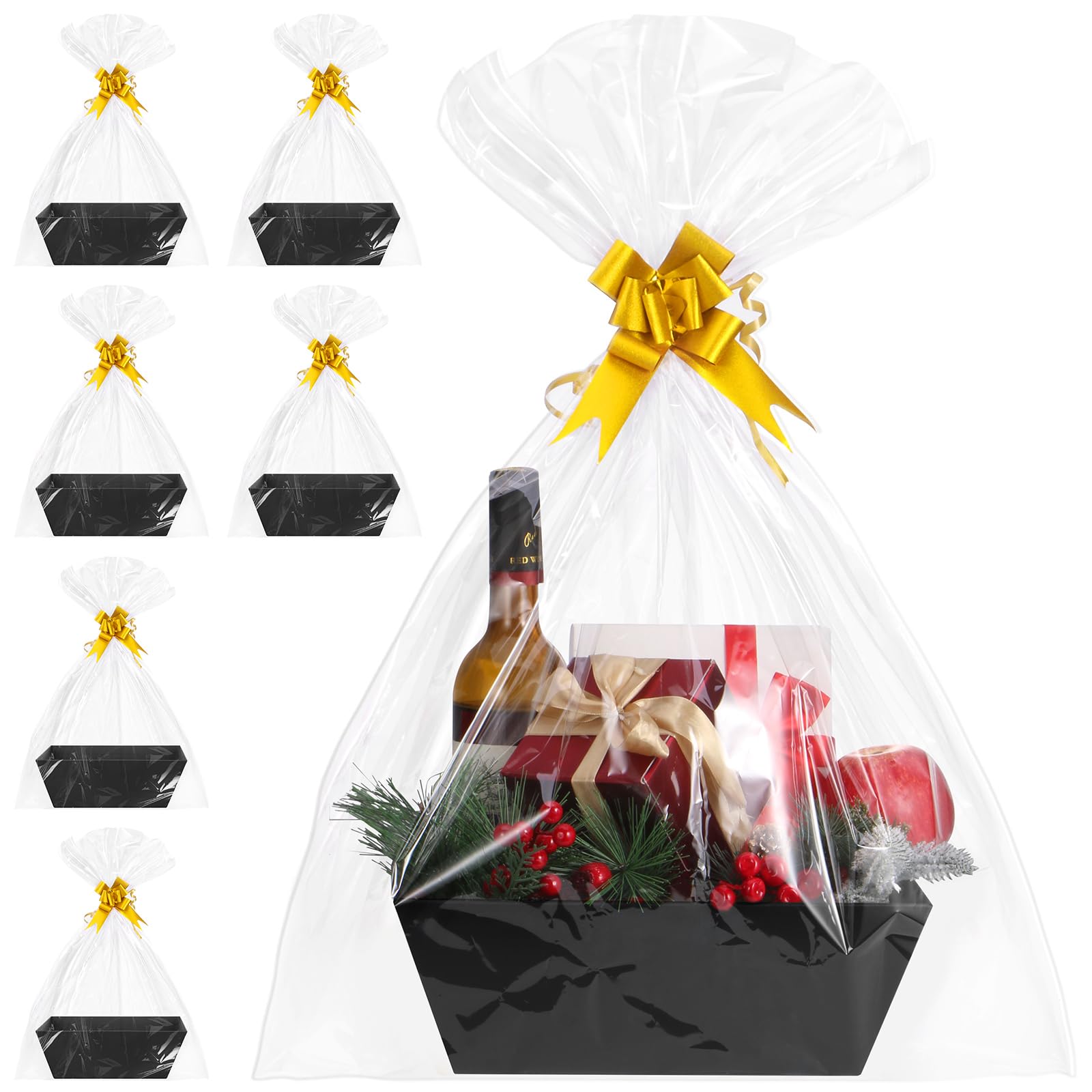 AFOROEOA 6PACK Black Baskets For Gifts Empty, 10x12”Thick Black Gift Basket with 6 Bows 6 Bags Empty Gift Baskets for Christmas Thanksgiving Wedding Birthday Party Wrapping Gift