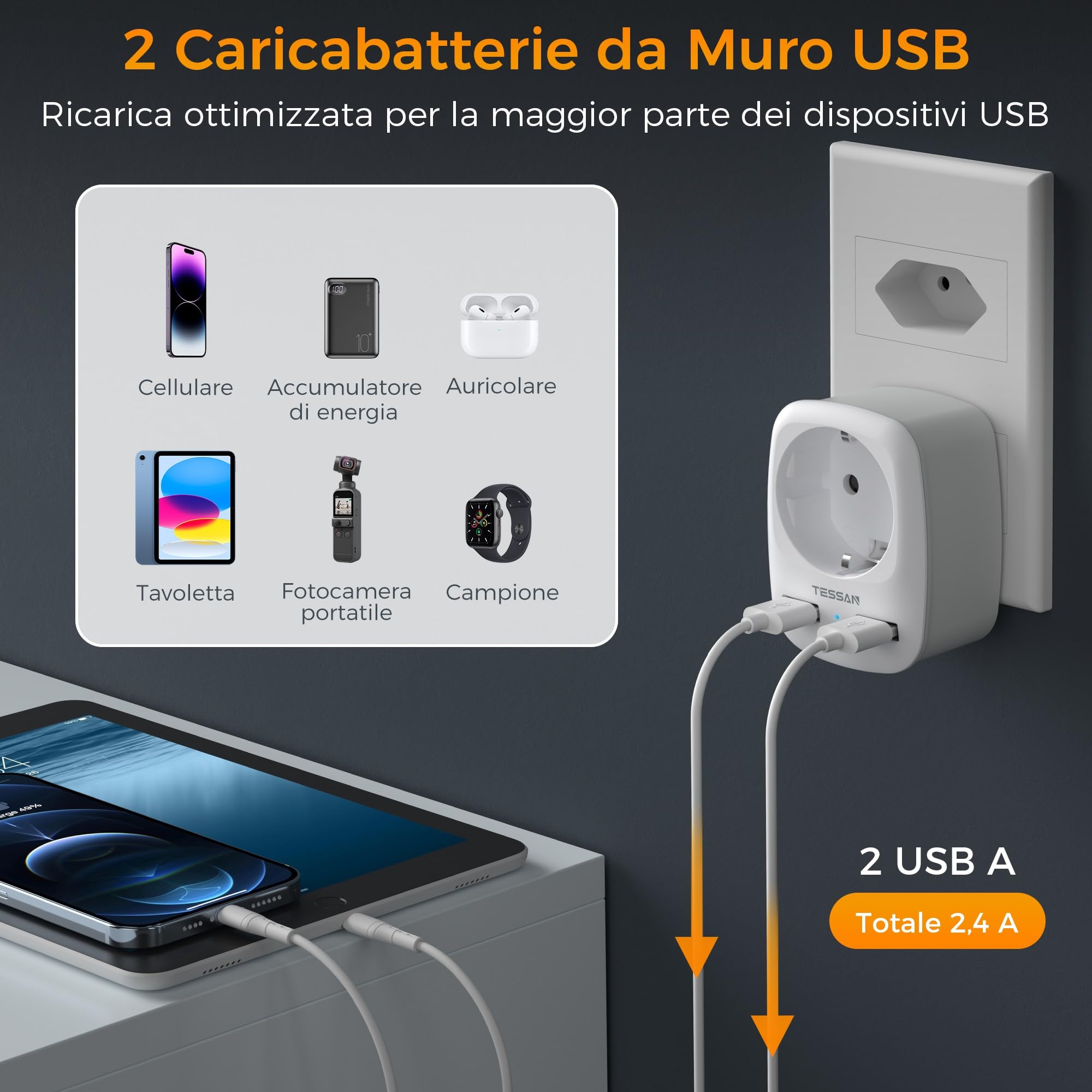 TESSAN 3 in 1 Adattatore Presa Brasile, Adattatore Brasile con 2 USB, Presa Tipo N Europa al Brasile, Sudafrica, Adattatore da Viaggio Tipo N con USB, Adattatore Spina Brasile