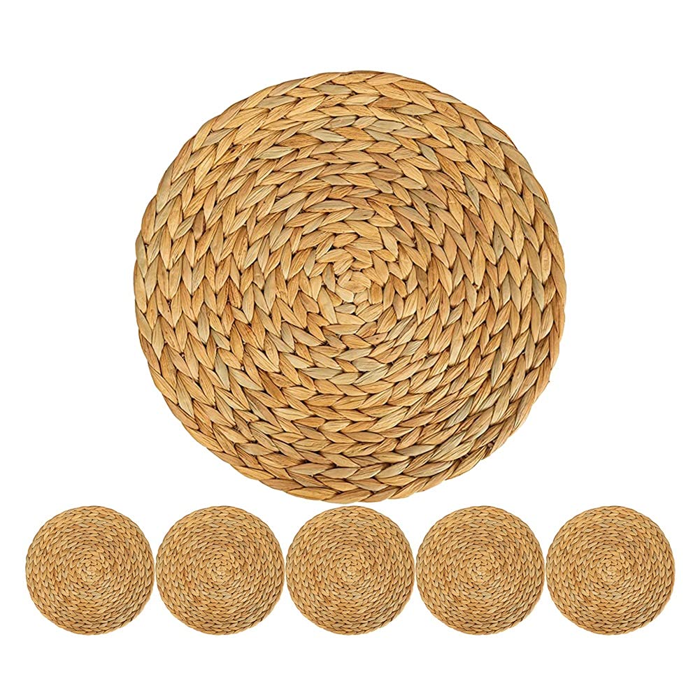 Placemats Round Braided Placemats, Water Hyacinth Placemats Washable, Set of 6 Large Woven Table Mats Heat Resistant Coasters Non-Slip Cup Mat for Dining Table (Size : 20cm)