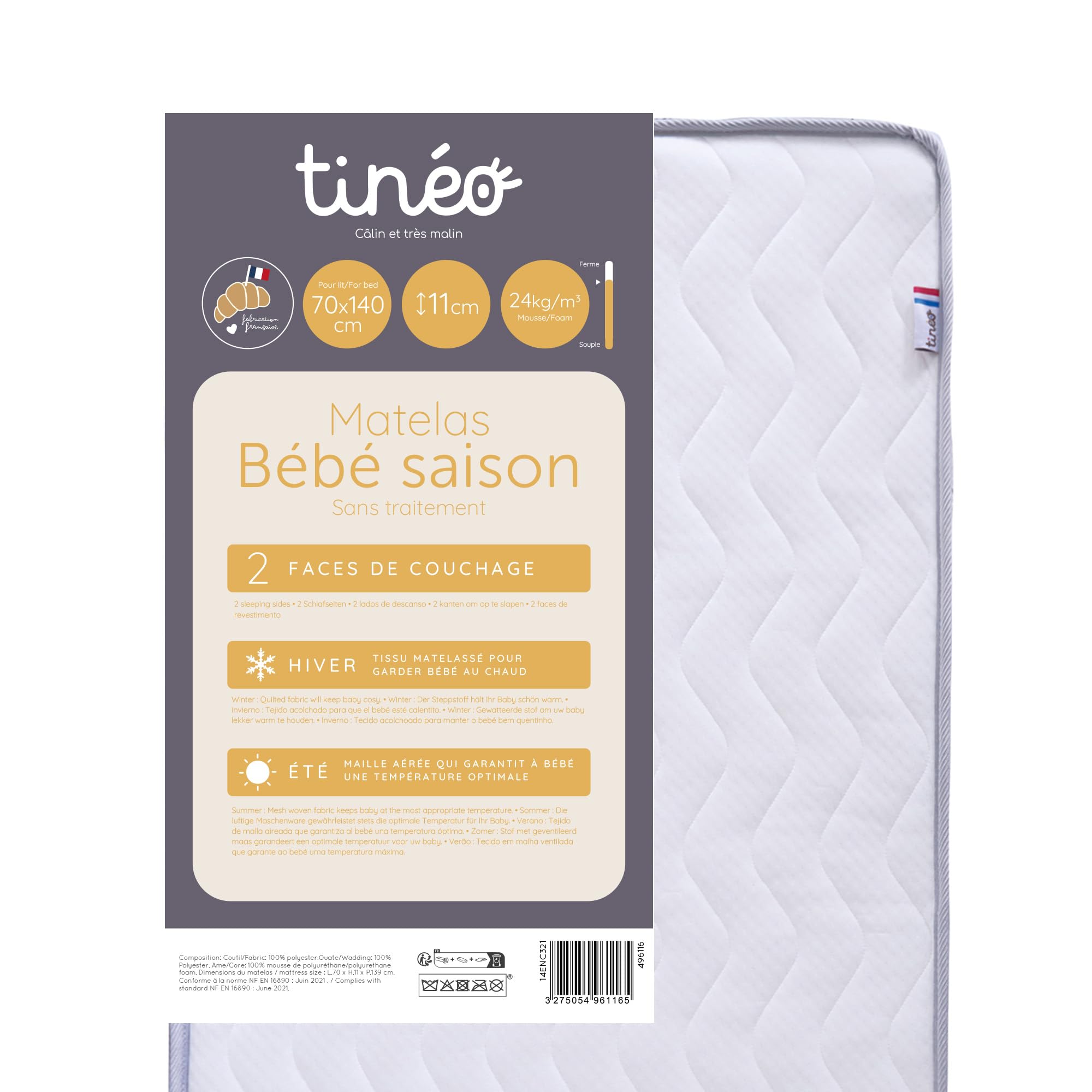 Tinéo - Matelas Bébé Saison 70x140x11cm - Matelas Bébé - Saison - 1 Face Été - 1 Face Hiver - sans Traitement - Densité 20 kg/m3 - Fabriqué en France