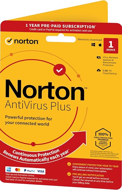 Norton AntiVirus Plus 2023, Antivirus software for 1 Device and 1-year subscription with automatic renewal, PC or Mac, Activation Code by Post