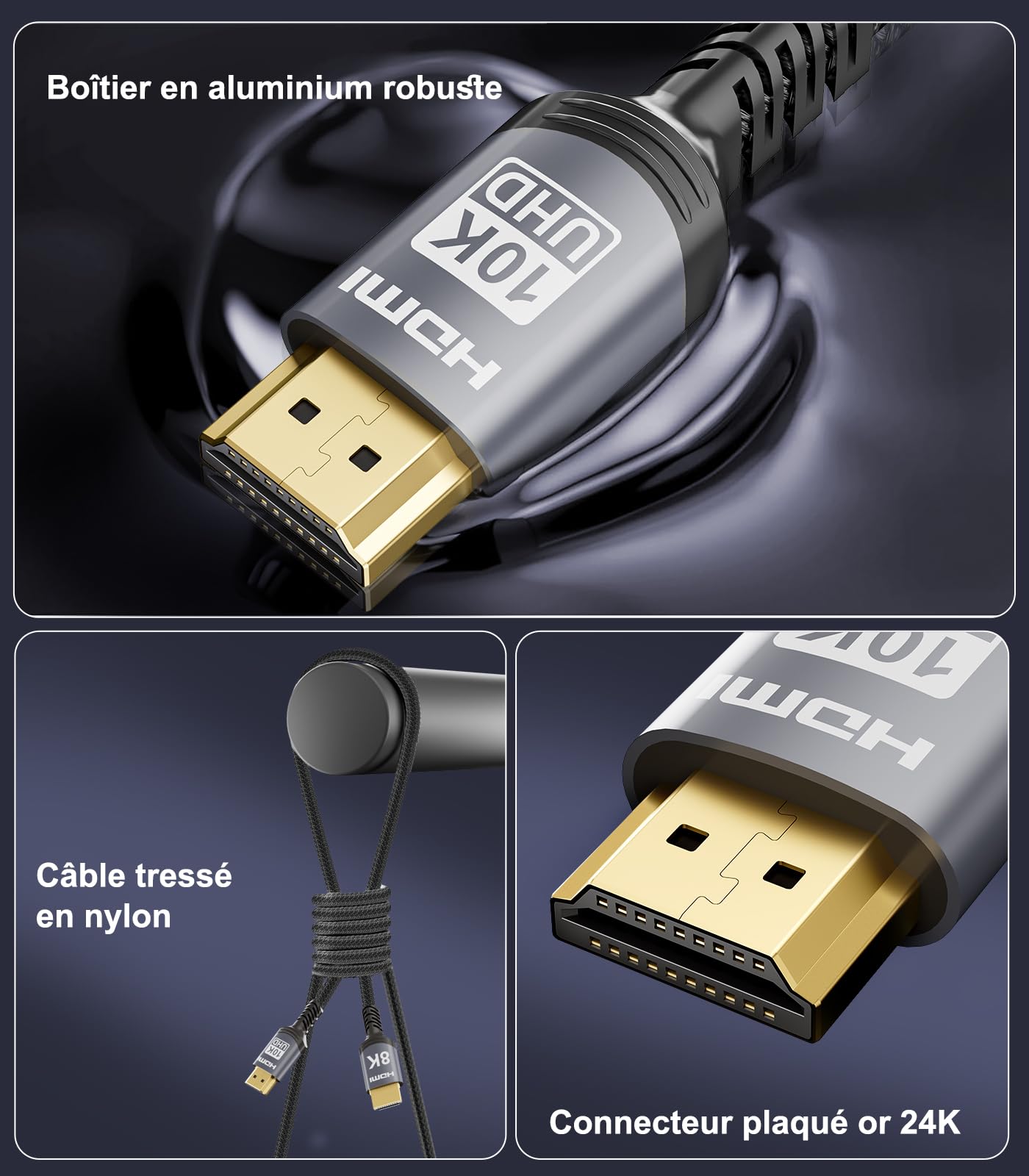 Sniokco 10K 8K 4K Câble HDMI 2.1 48Gbps 1M, Certifié Ultra Haute Vitesse HDMI® Cable 0.01ms 4K 240Hz 165Hz 120Hz 8K 60Hz eARC Netflix HDCP 2.3 2.2 DTS:X HDR10+ TV Moniteur Projecteur Roku