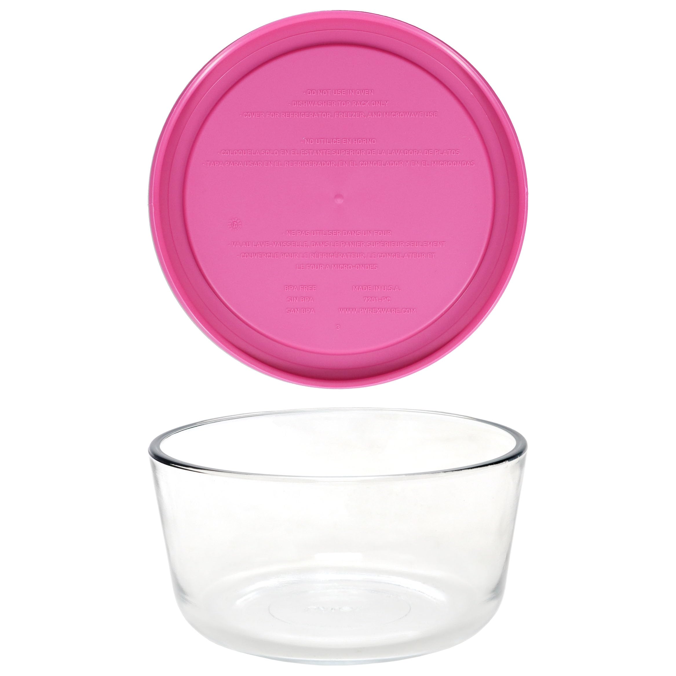 Pyrex 7201 - Cuencos de vidrio para 4 tazas y tapas de repuesto para almacenamiento de alimentos 7201 unidades, color rosa baya (paquete de 4) - Fabricado en Estados Unidos