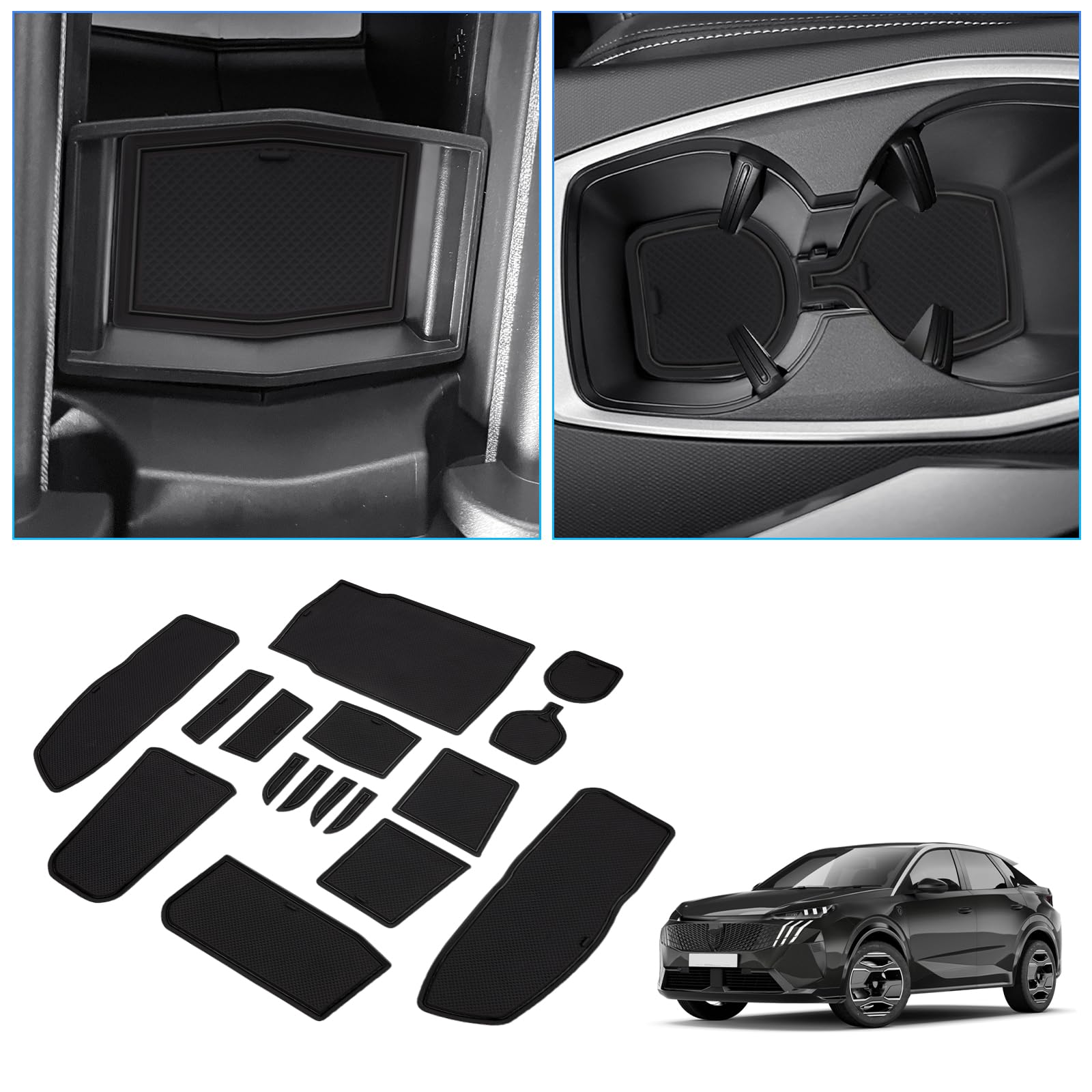 BIXUAN Compatibile Con Peugeot 2008 E-2008 P24 2020-2023 2024 2025, Tappetini Antiscivolo Per Console Centrale, Braccioli, Tappetini In Gomma Per Bevande, Tappetino Antiscivolo, Cuciture Per Porta, 12