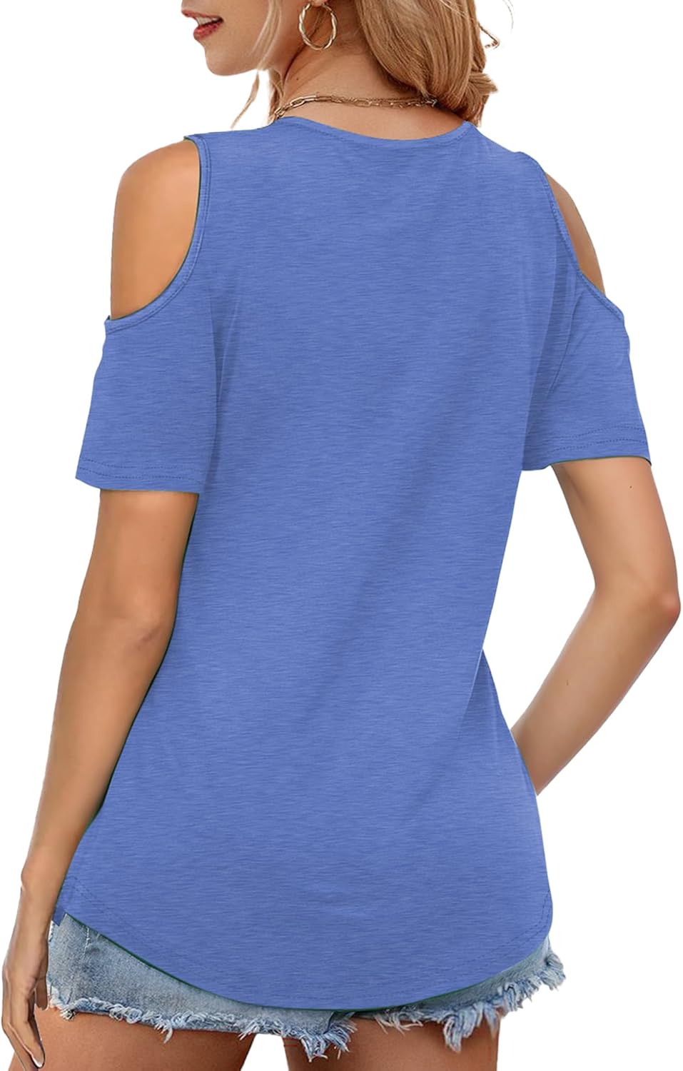 Buauty Womens Summer Trendy Shirts V Neck Criss Cross Cold Shoulder Tops Solid Color Fashion Casual Loose Sexy Blouse - Image 2