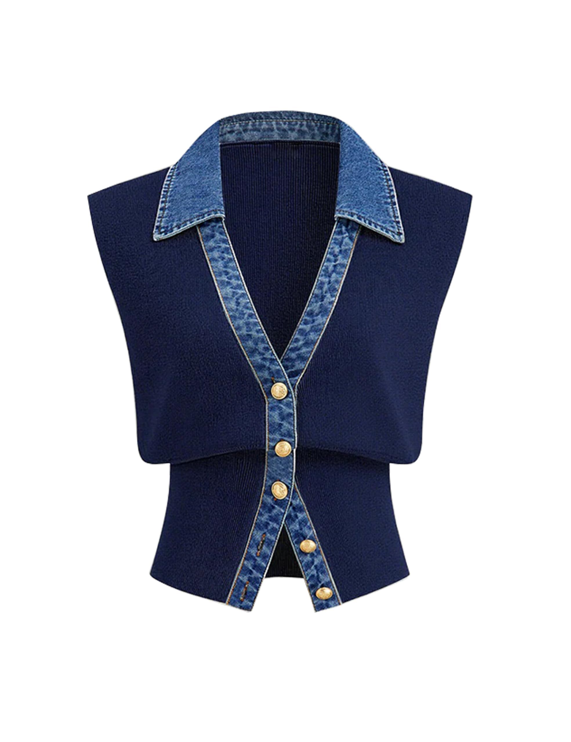 Womens V Neck Buttons Down Denim Trim Sweater Vest Fashion Casual Knit Slim Fit Sweater Tank Tops