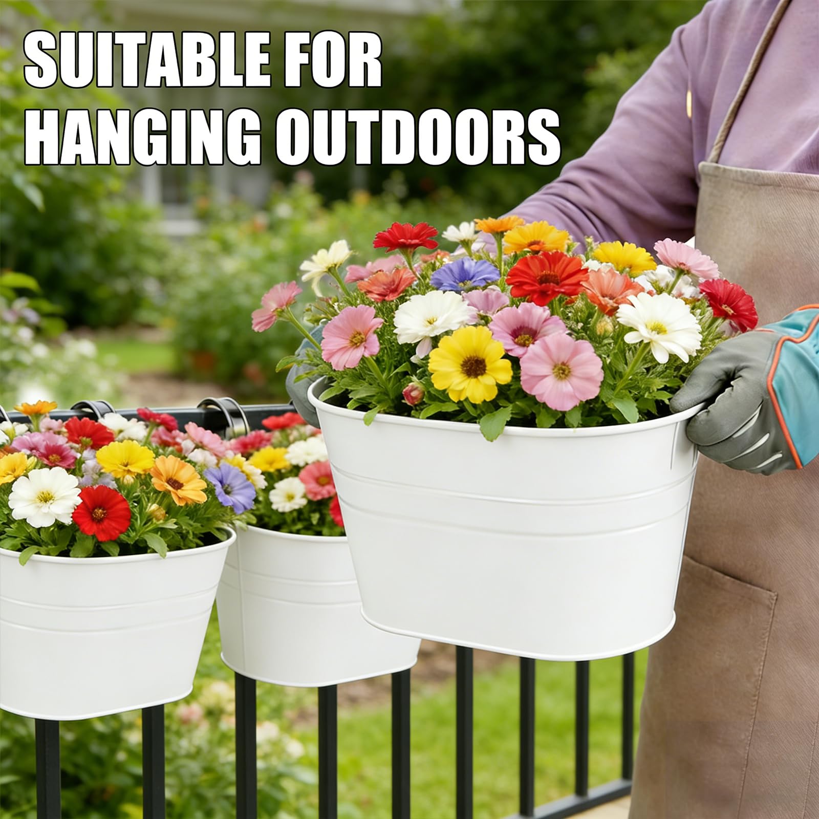 RIOGOO Pots de Fleurs Pots de Fleurs à Suspendre en Fer en Métal Pots de Jardin Jardinières de Balcon Seau en Métal Porte-Fleurs à Suspendre Décor Pot- Crochet Amovible (4 PCS) (Blanc)