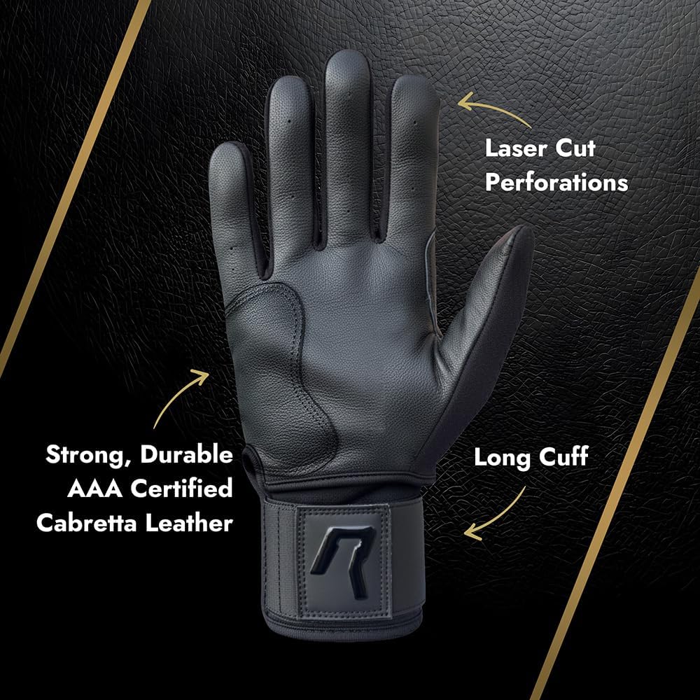 Professional Quality Batting Gloves: 0.9mm Thick, Breathable and Durable Premium Cabretta Leather Baseball Gloves with Mold-to-Fit Performance - Long Cuff Baseball Gloves