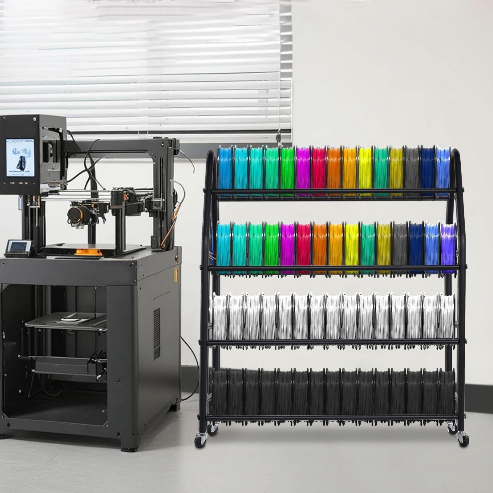 Mensola per filamenti per stampante 3D, grande capacità, in metallo, per fino a 105 bobine | Filamento per stampante 3D in metallo, organizer con ruote per 105 bobine, conservazione per officina e studio di stampa