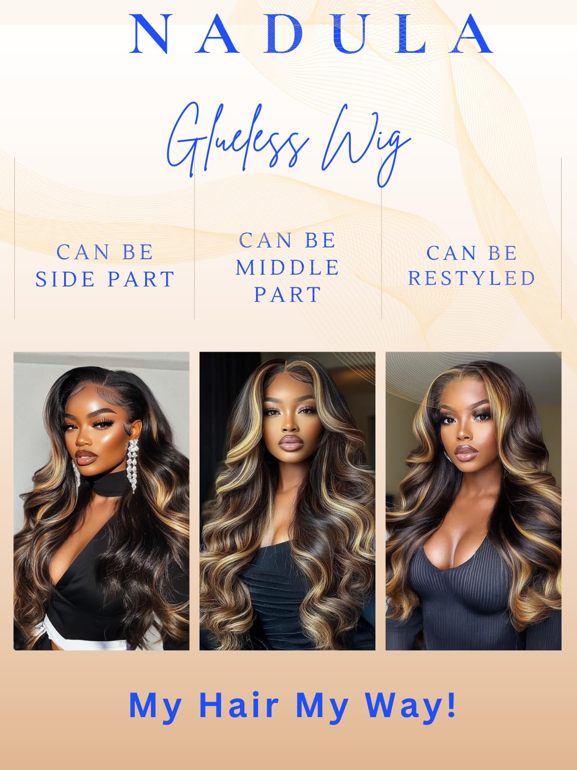 Nadula Bye Bye Knots Glueless Butterscotch Highlight Body Wave 7x5 Pre Cut Lace Front Wigs Human Hair Pre Plucked Bleached Knots Ready to Wear with Face-Framing Brown Highlights 150% Density 16inch