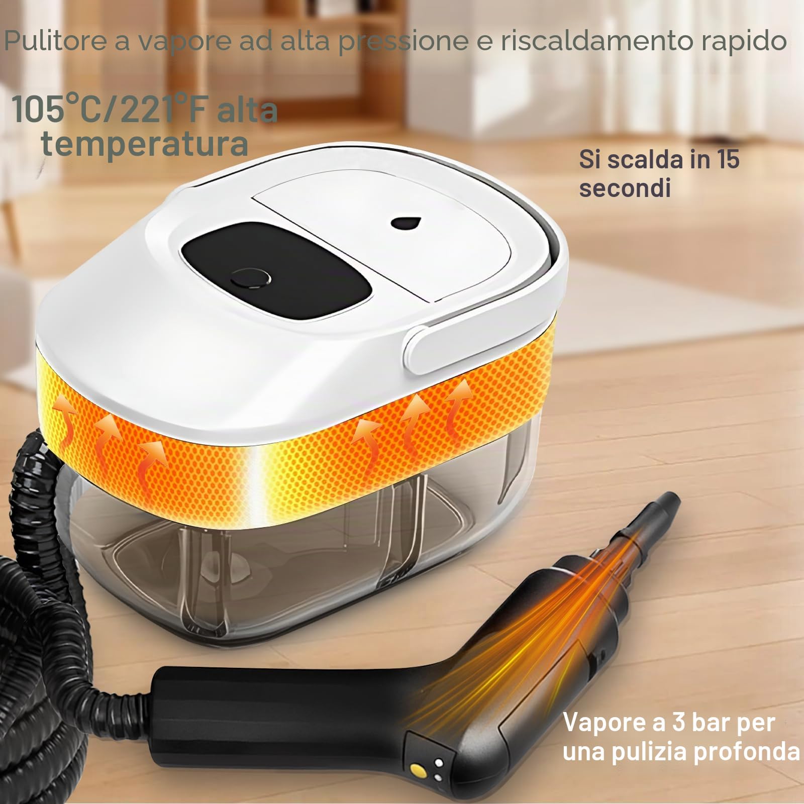 Pulitore a vapore professionale per tutto, 15 secondi, riscaldamento a 360°, potente pulizia a vapore per auto, bagno, cucina, tappeti, tappezzeria con accessori
