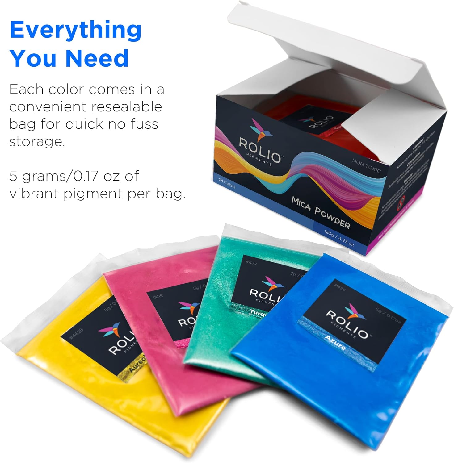 Rolio Mica Powder Pearlescent Color Pigment - Art Set for Resin Epoxy - for Soap Making, Nail Polish, Lip Gloss, Eye Shadow, Slime & Candle Jars - 5g, 24 Bags - Original Set