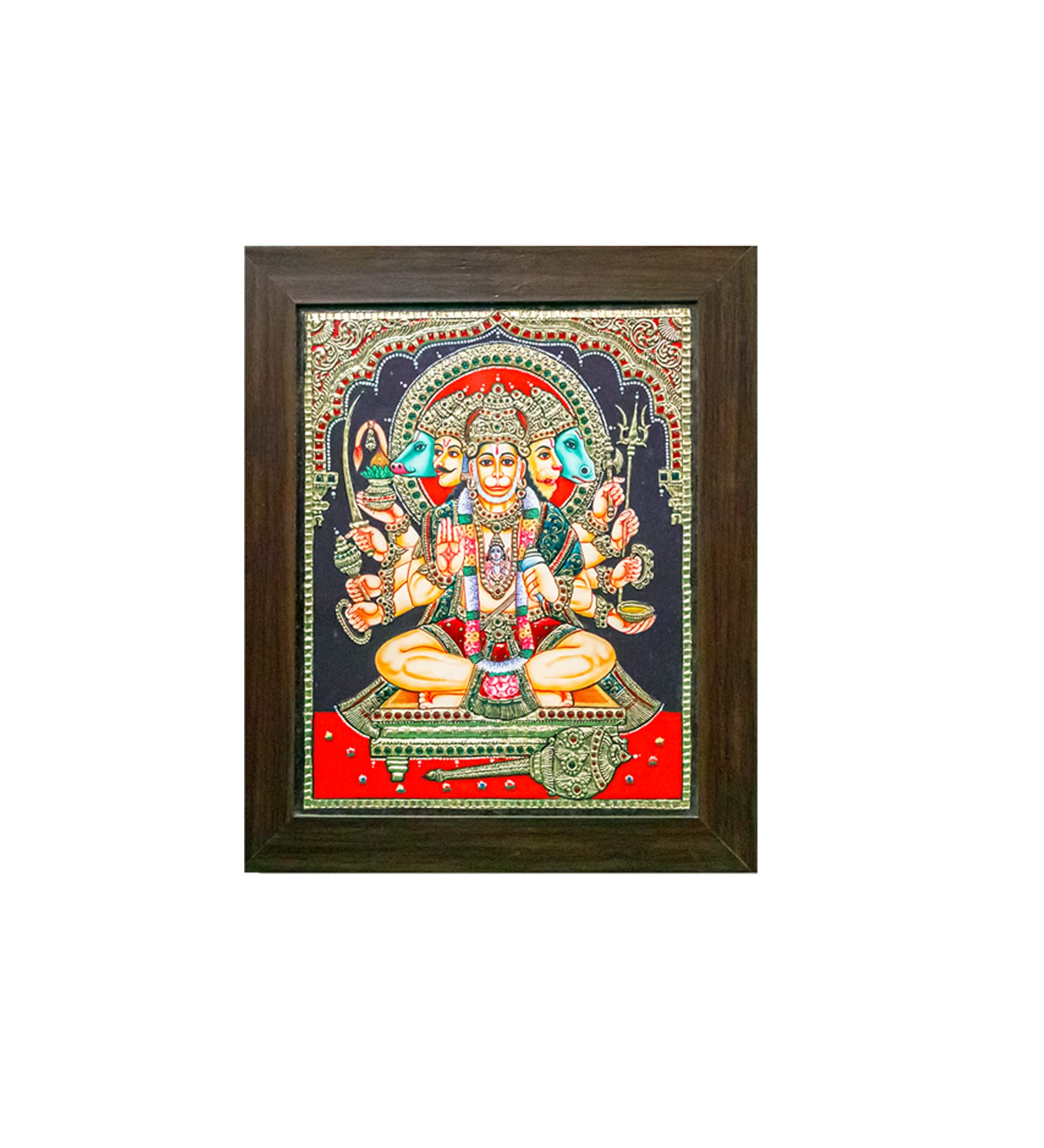 Mangala Arts Panjamuga Anjaneyar Tanjore Painting, 24 Carat Gold Foil, Authentic Jaipur Gems, Hindu Religious God Photo for Pooja, Living Room-15x12 Inches(with Frame)