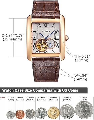 Miniatura 5 de BINLUN Relojes automáticos para hombre con correa de cuero y esqueleto mecánico rectangular