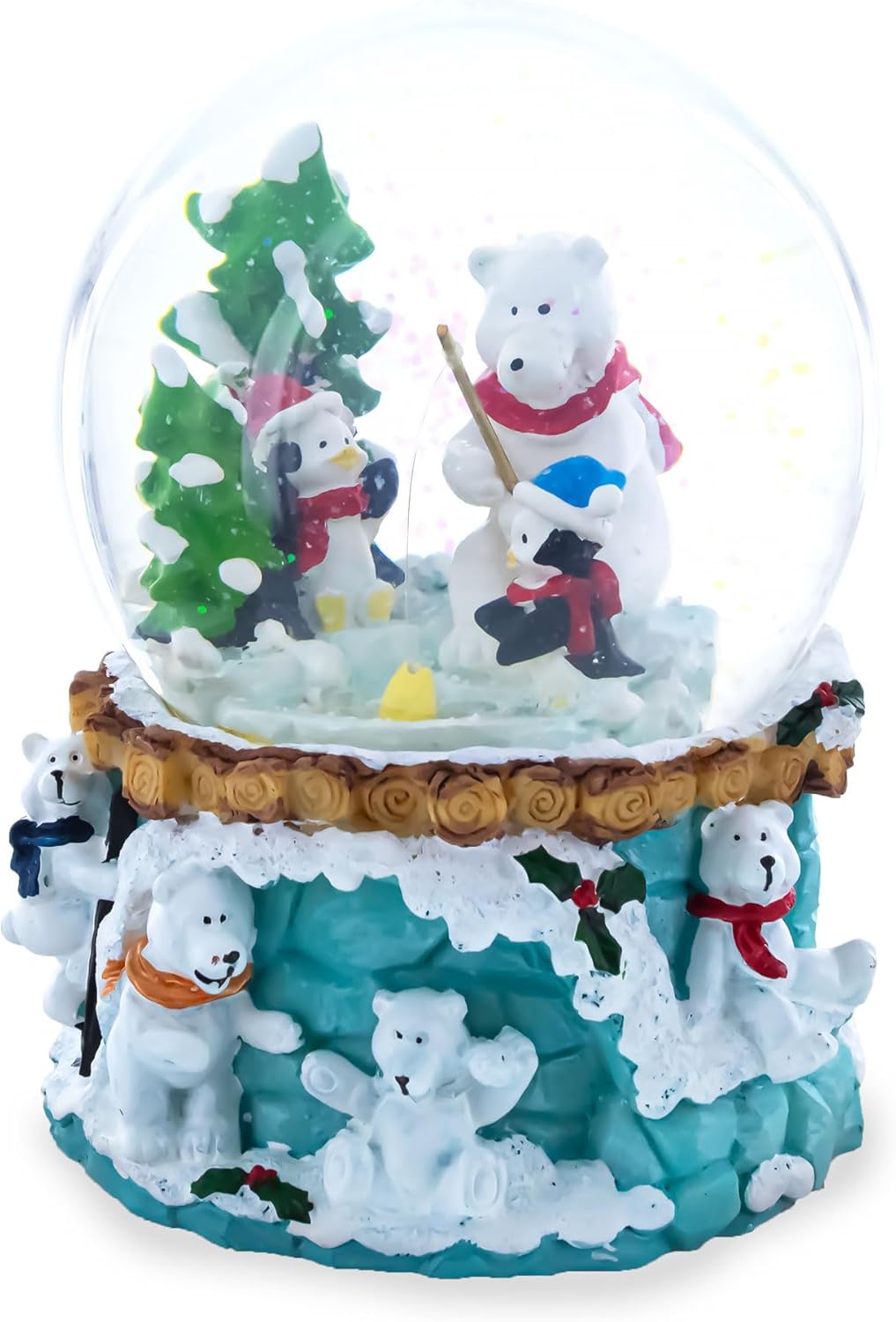 Bear and Penguins Fishing Musical Christmas Water Snow Globe