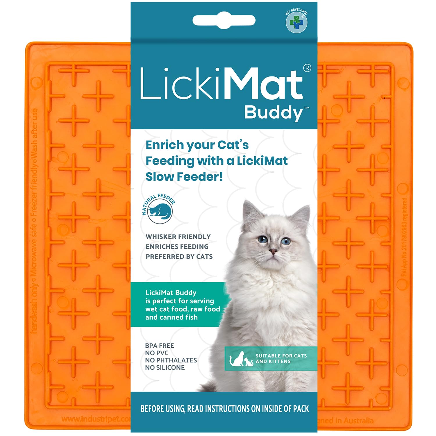 LICKIMAT Classic Buddy Cat Slow Feeders Lick Mat, Boredom Anxiety Reducer; Perfect for Food, Treats, Yogurt, or Peanut Butter. Fun Alternative to a Slow Feed Cat Bowl or Dish, Orange — image 1