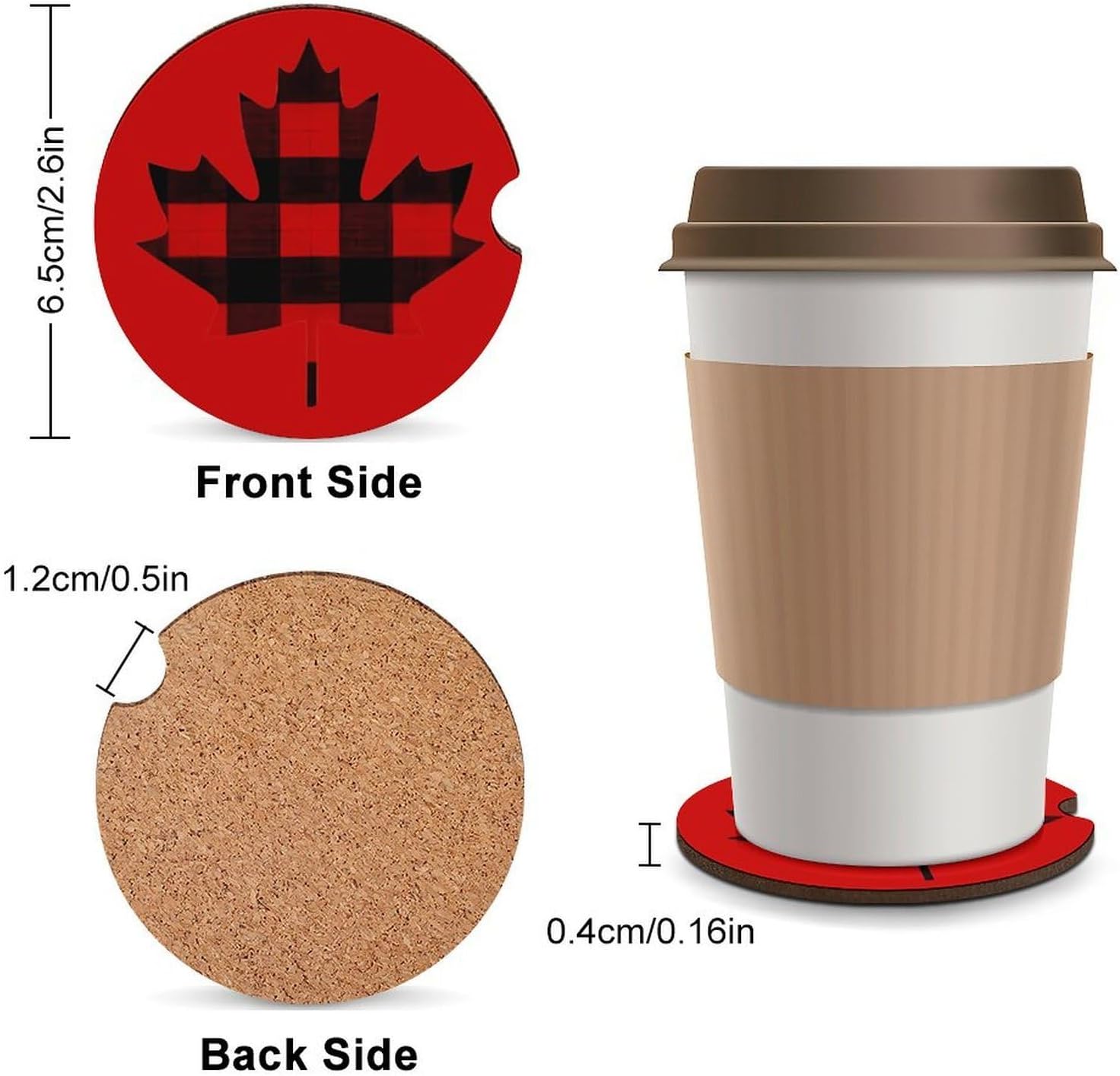 Maple Leaf in Plaid Cute Car Coasters 2.56 Inch Absorbent Cup Holder for Drinks Auto Interior Accessories