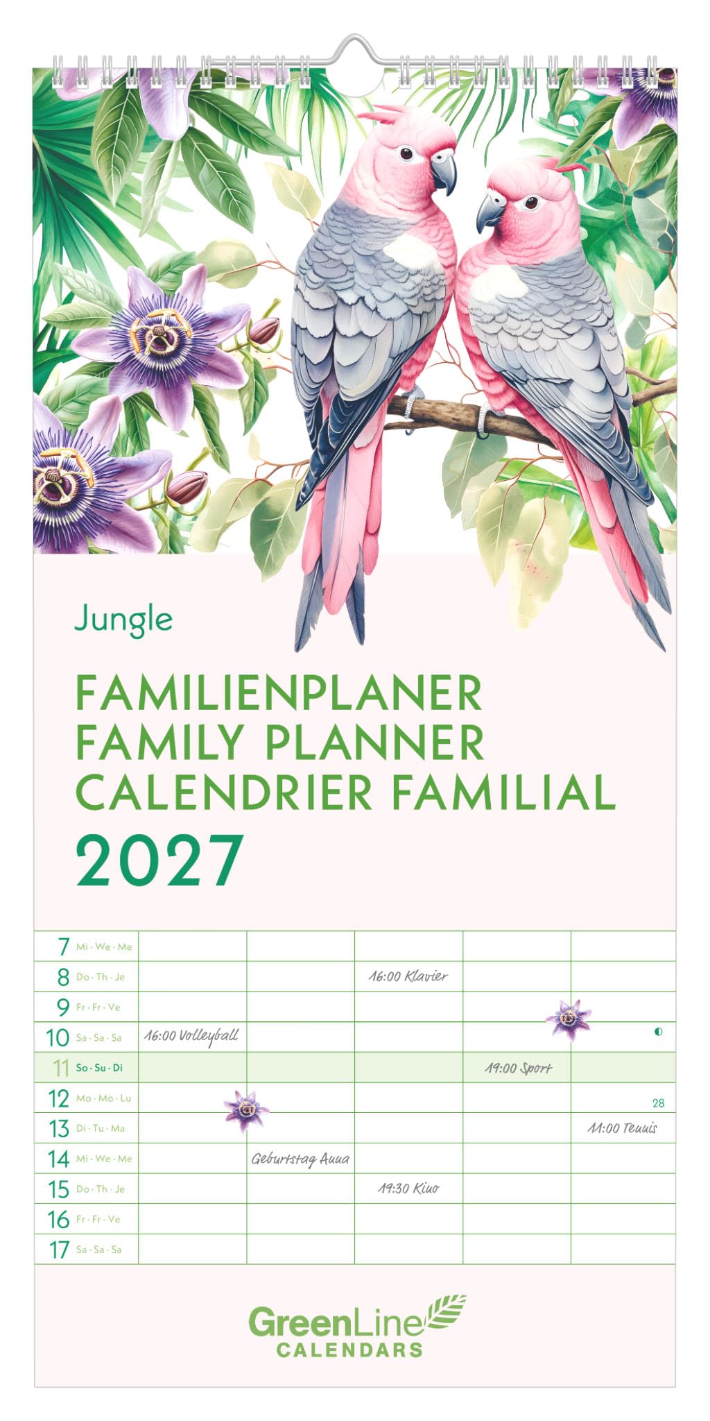 Jungle 2027: Wandkalender 22x45 cm mit 5 Spalten, 3-sprachigem Kalendarium, Stundenplänen & Ferienübersicht für Familien