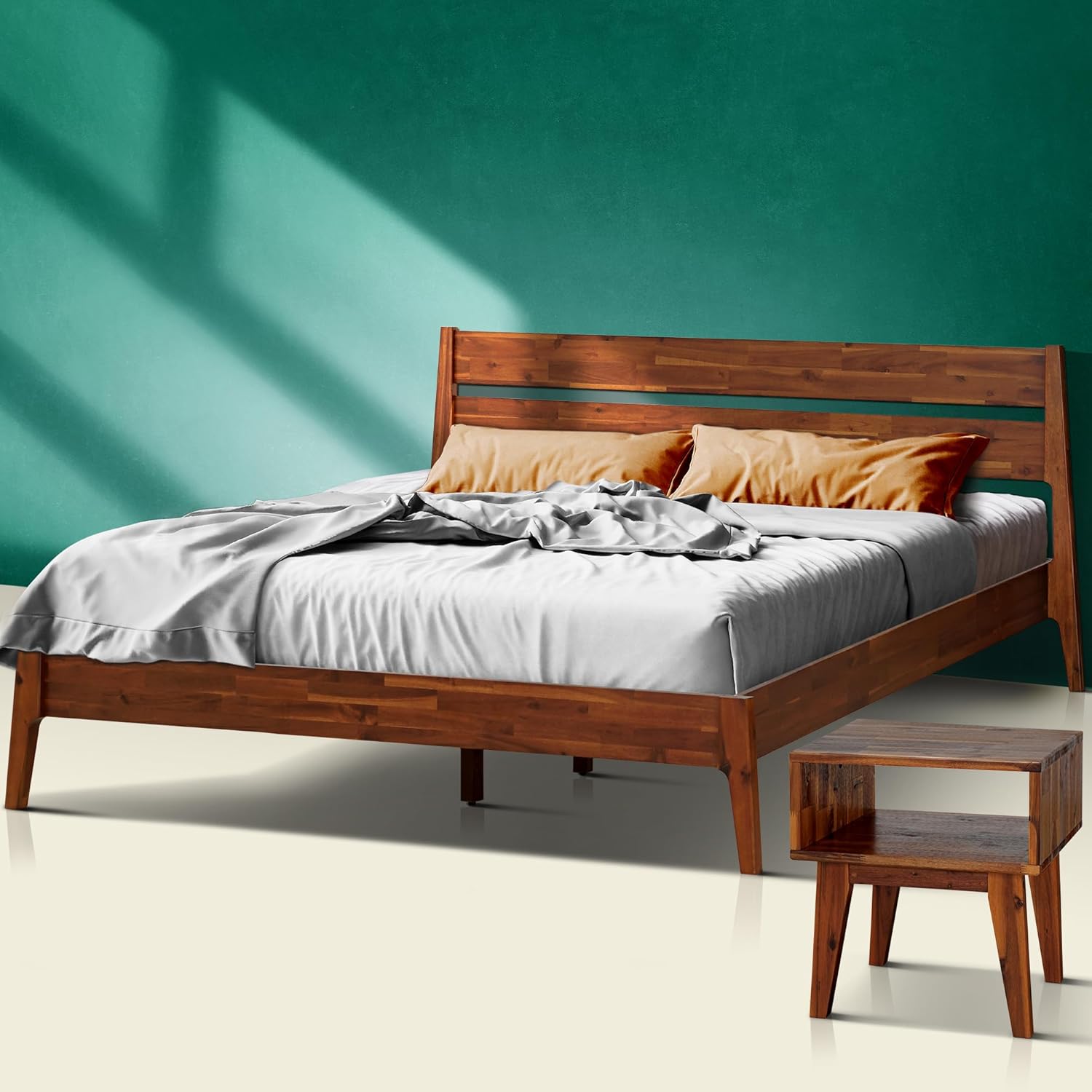 Acacia Callisto Bed Frame with Headboard Solid Wood Platform Bed, 800 lbs Capacity Bed Frame, Contemporary Signature Wood Bed Compatible with All Mattress Types (Walnut + Nightstand, King)