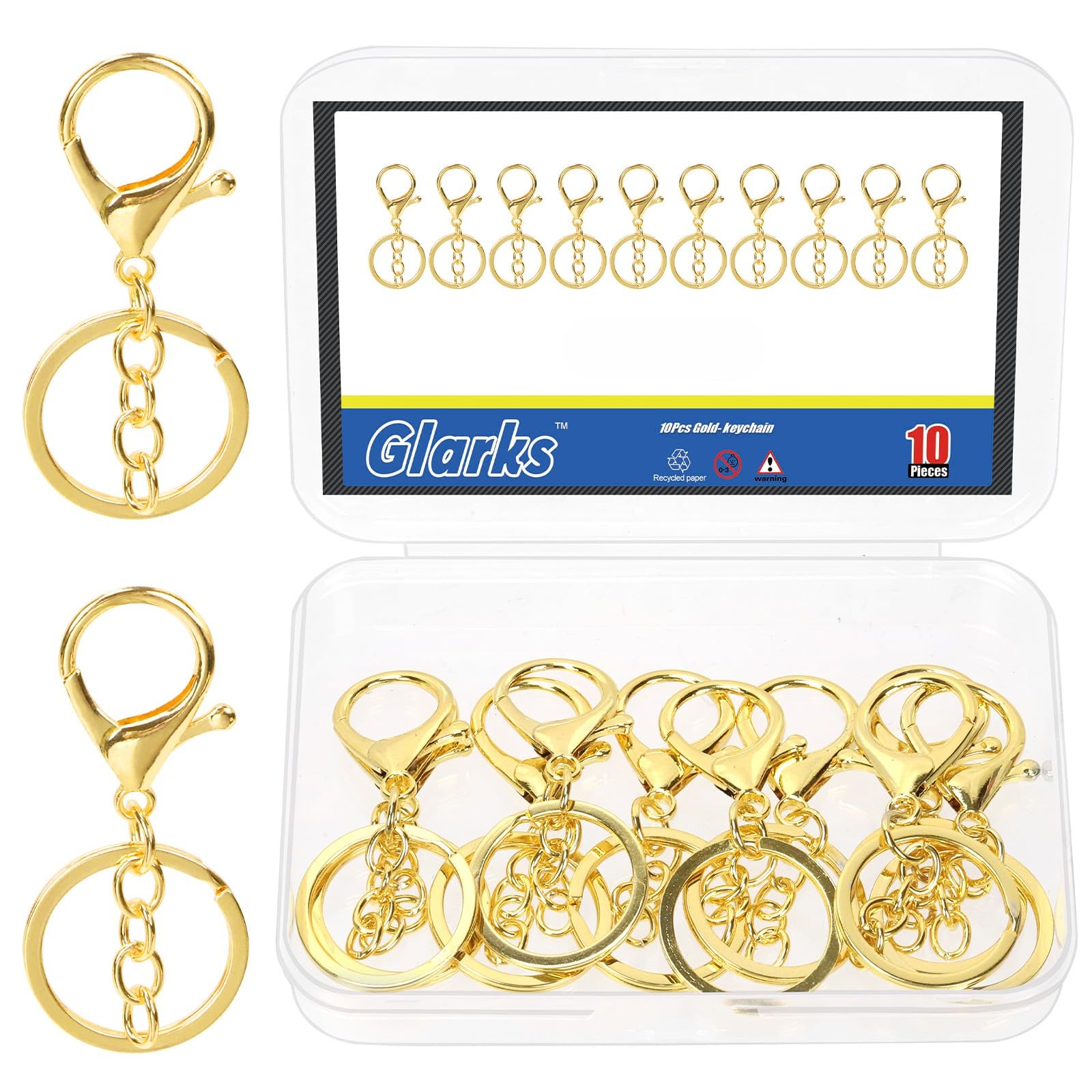 GLARKS 10pcs Gold Metal Lobster Claw Clasps with Chains and Key Rings Kit, 32mm Lanyard Snap Keychain Hook, Lobster Clasp Trigger Clips, Lobster Clasp Hook for DIY Bag, Key Ring, Craft Making