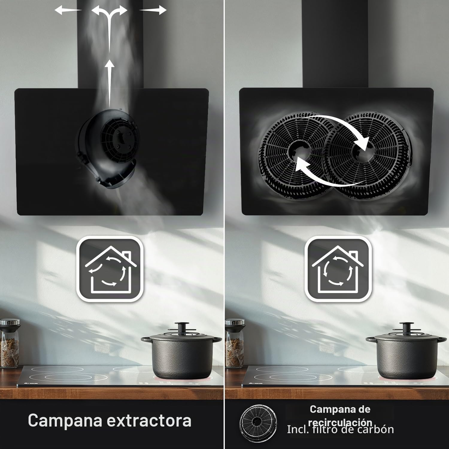 KKT KOLBE Campana extractora 80 cm | aire de circulación de aire de escape | 782 cbm/h | cubiertas sin cabeza | negro vidrio | control de gestos | control táctil sensor | iluminación LED | TRIO8025S