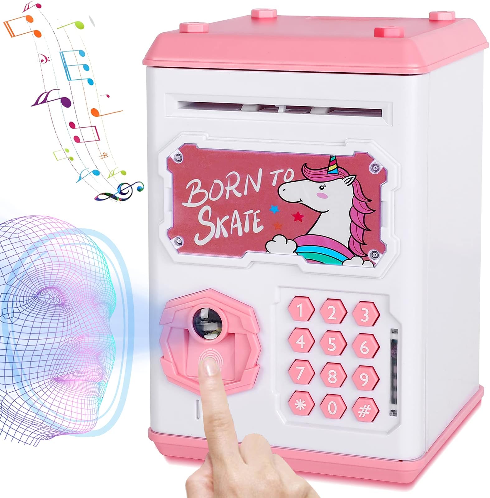 CWLAKON Piggy Bank Girls, Kids Electronic Money Bank, Fingerprint Face Scan Password Code Lock Cash Coin ATM Bank Toys Gifts for 4 5 6 7 8 9 10 Years Old Girls