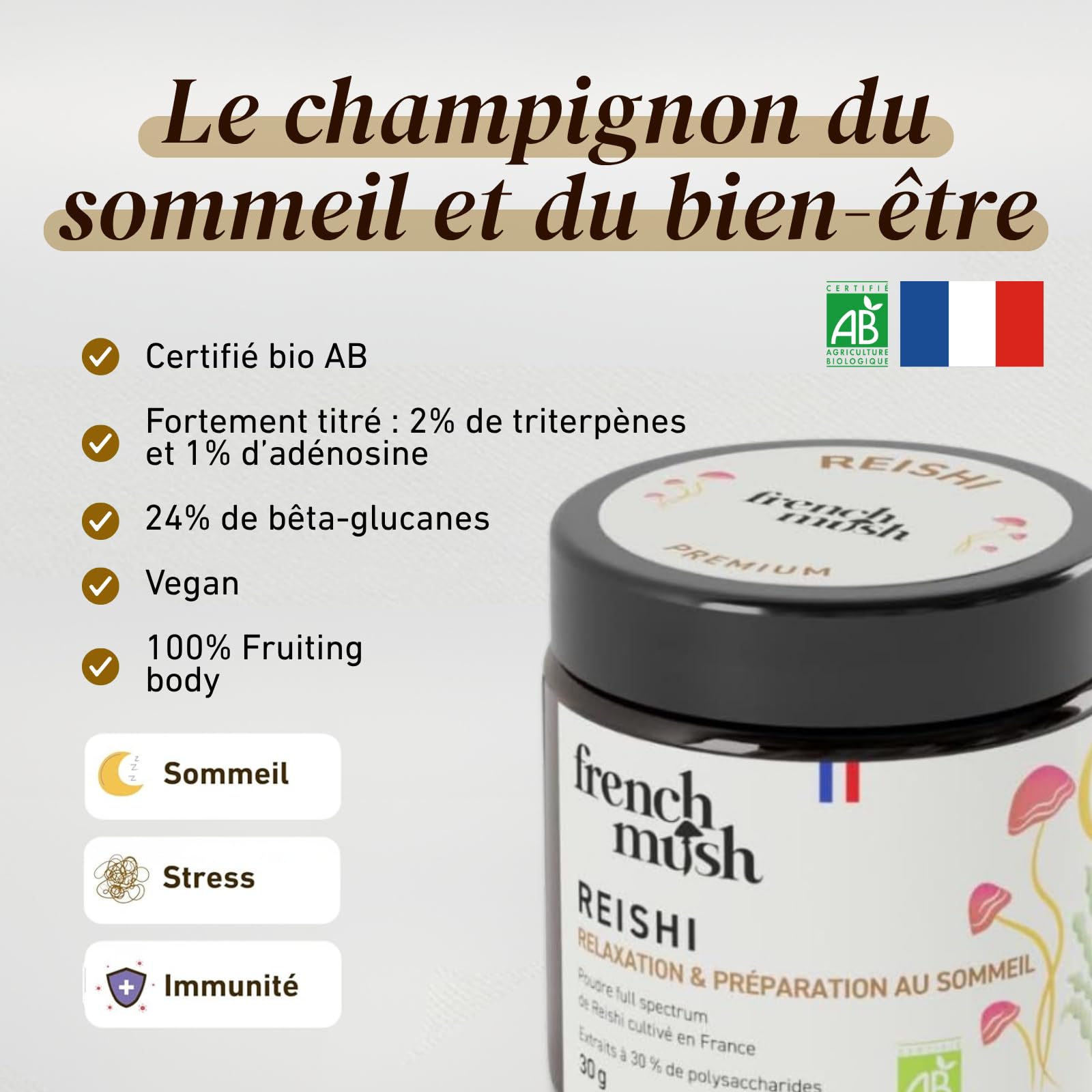 Poudre Reishi Bio - 30g Vegan - Apaisant, Qualité du Sommeil Réparateur, Relaxation - Se Mélange à Alimentation ou Boisson - Extrait Reishi Bio Poudre Testé en Laboratoire - Fabriqué en France
