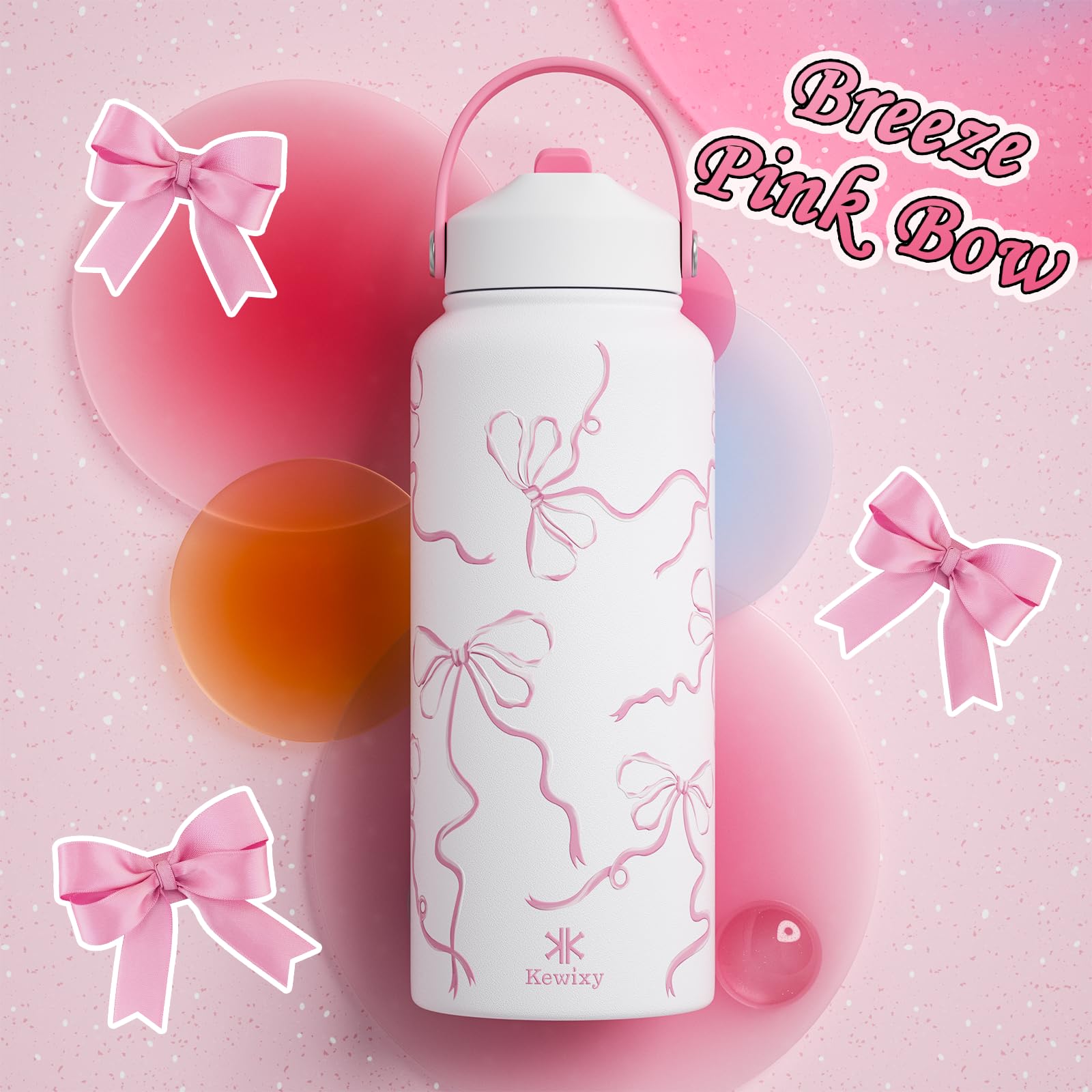 32 oz Insulated Water Bottle with Straw, Bow Water Bottle Stainless Steel with Flip Straw and Handle, Leak Proof, Metal, Reusable, Wide Mouth, for Travel, Gym and School (Breeze Pink Bow)
