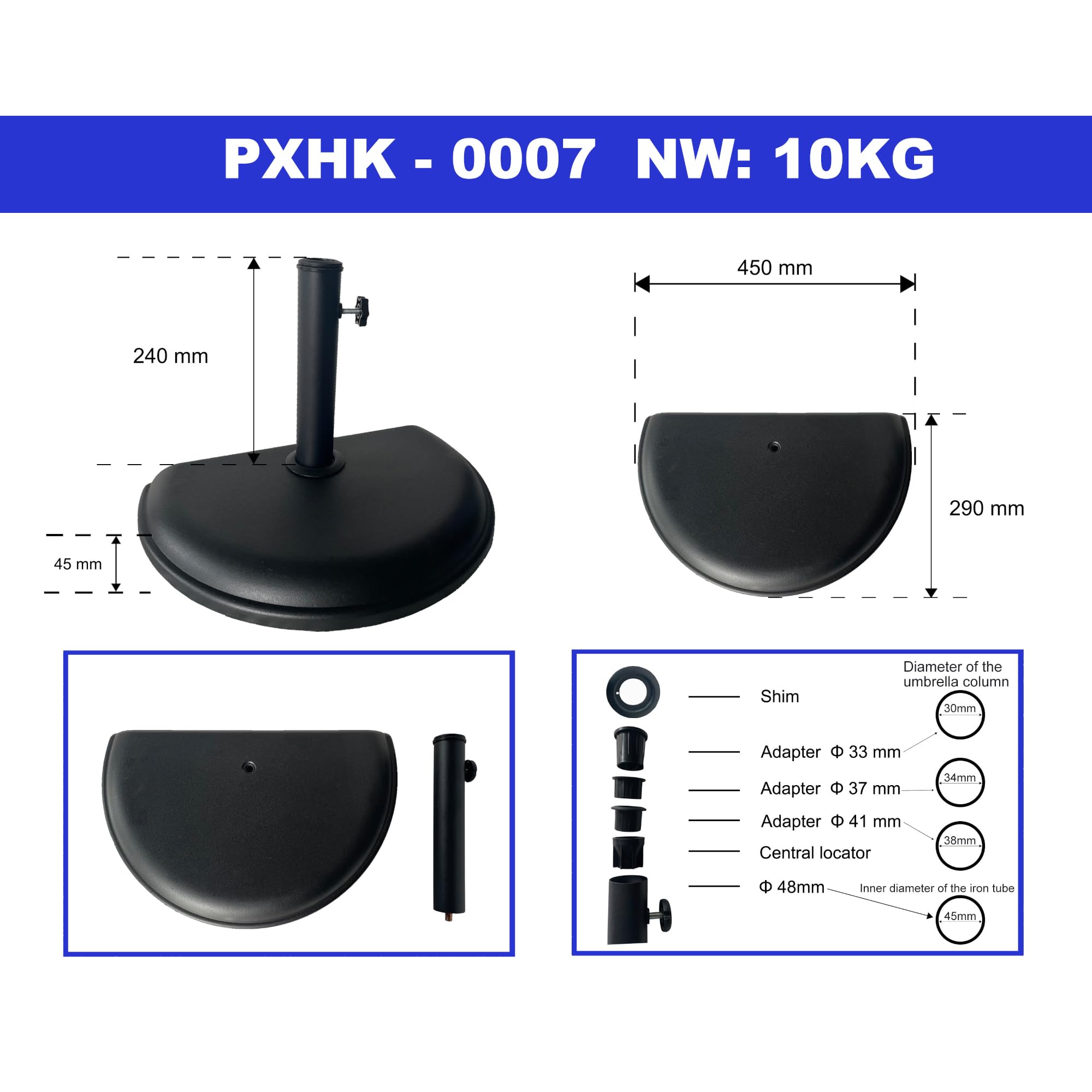 casa.pro stojak na parasole Bisenti stojak na parasol betonowy stojak na parasole Ø 33/37/41/48 mm 45 x 29 x 4,5 cm półokrągły wraz z adapterami czarny