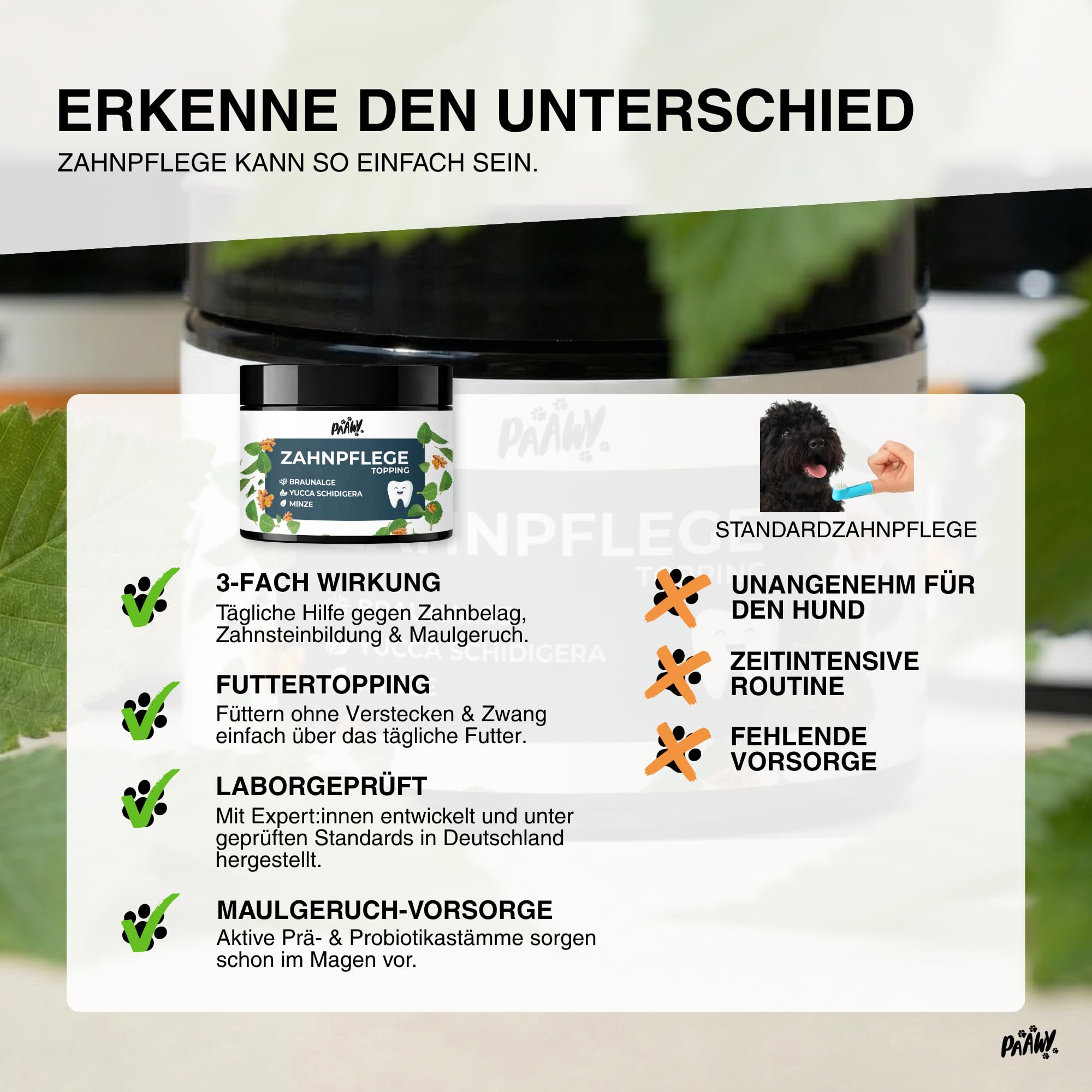 Dental Pulver für Hunde - 9-in-1 Wirkstoff-Komplex Made in Germany - Zahnsteinentferner & Anti-Mundgeruch Futtertopping - einfache Zahnpflege beim Hund - Zahnputzflocken für tägliche Reinigung