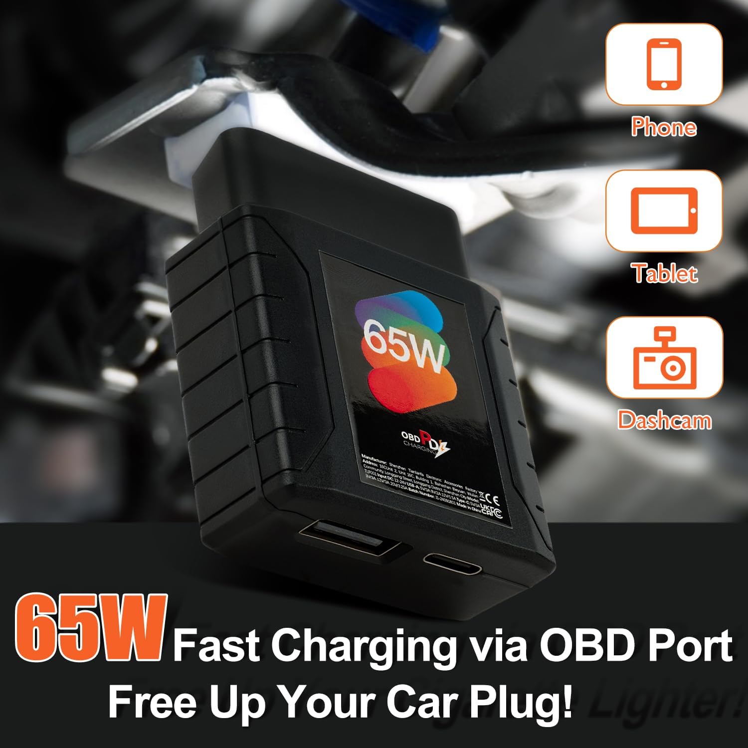65W High-Power Car OBD2 to USB Adapter with Dual USB-C/USB-A Ports - Constant 12V/24V Power for Dash Cameras, Phone Charging & More - OBD2 Diagnostic Port Compatible