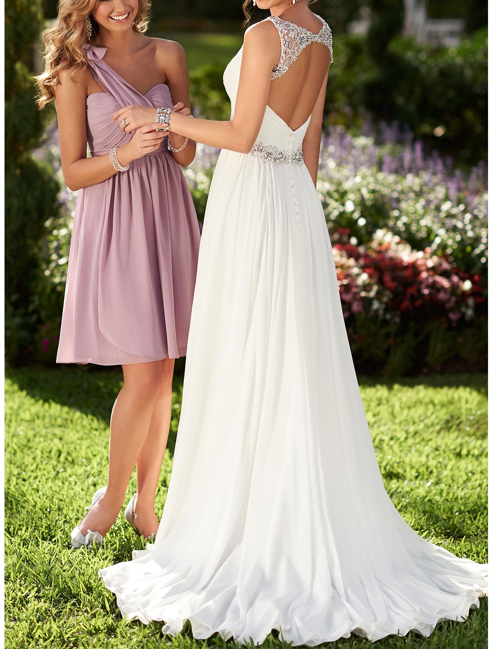 Strand Brautkleid Lange Chiffon Kleider Damen, Cremefarben, 40