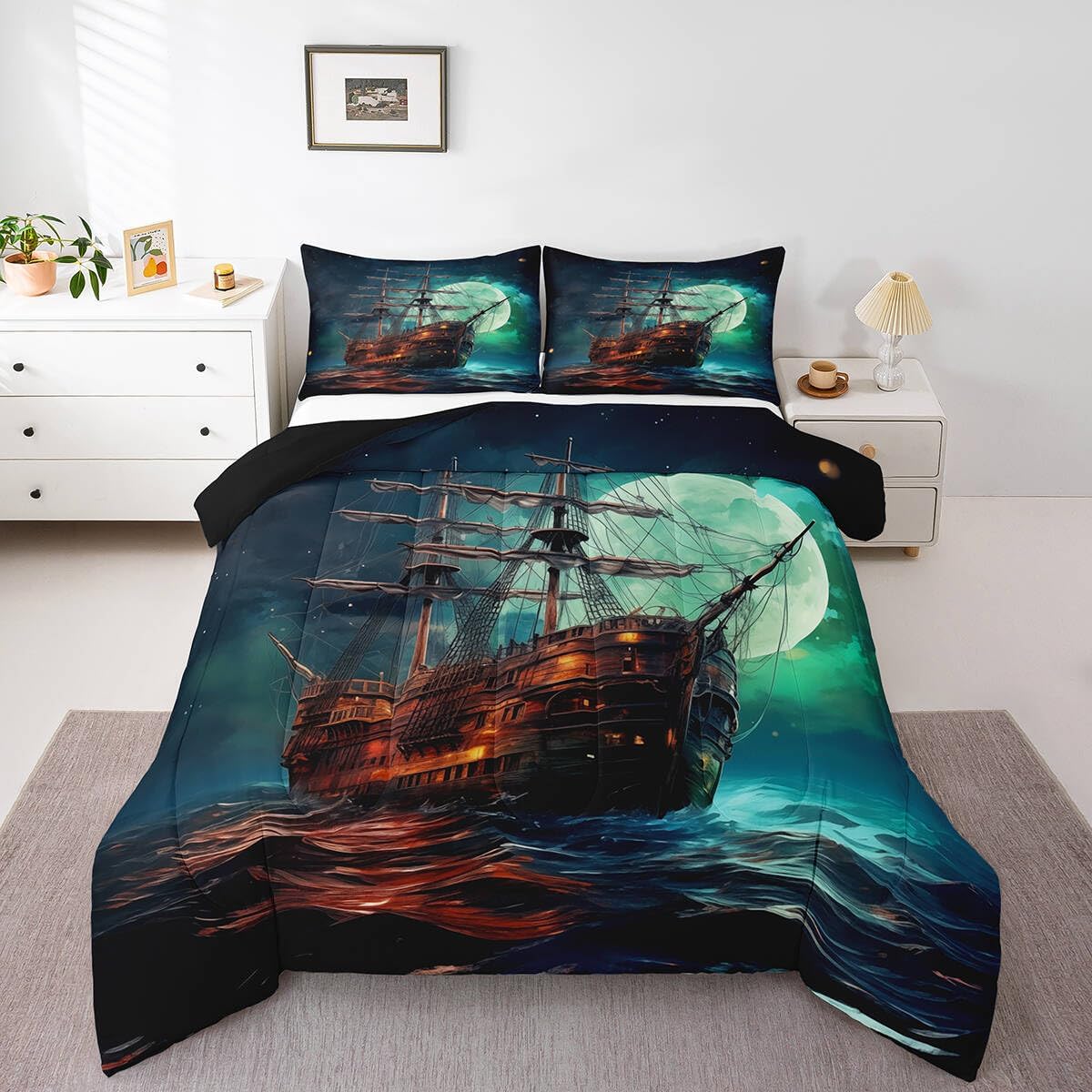 Erosebridal Pirate Ship Comforter Set Full for Boys Mens Teens,Marine Sailboat Bedding Set Nautical Bedroom Decor,Ocean Wave Sailing Boat Comforter Set Coastal Sail Boat Quilt Bed Set 3Pcs