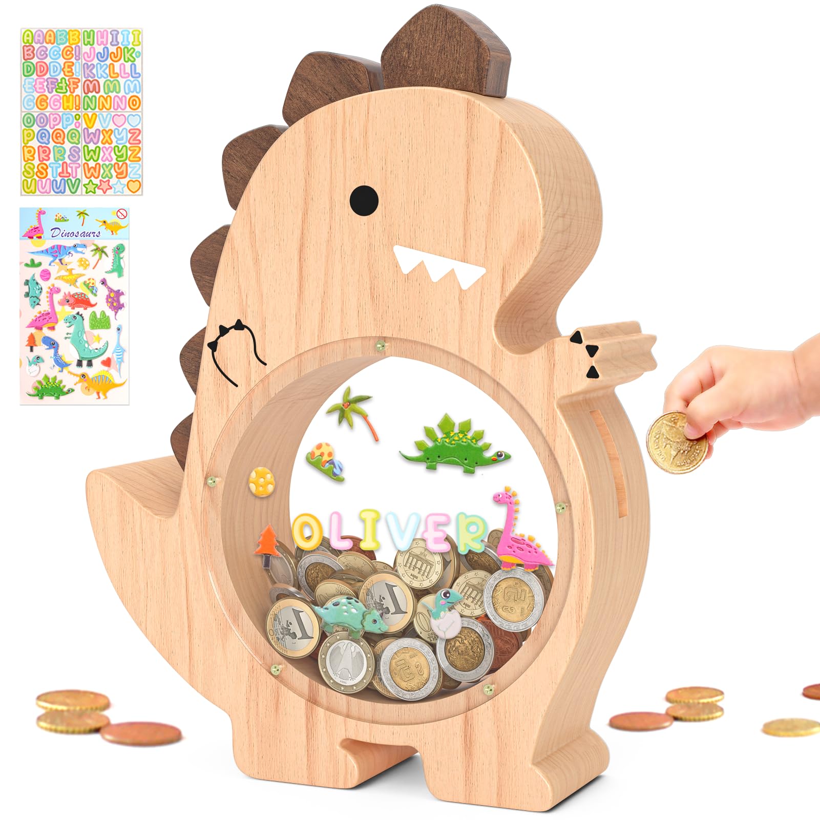 Summidate Wooden Dinosaur Piggy Bank for Kids Boys, Cute Wood Dino Money Bank for Toddlers, Creative Saving Coin Jar, Personalized Present for Child
