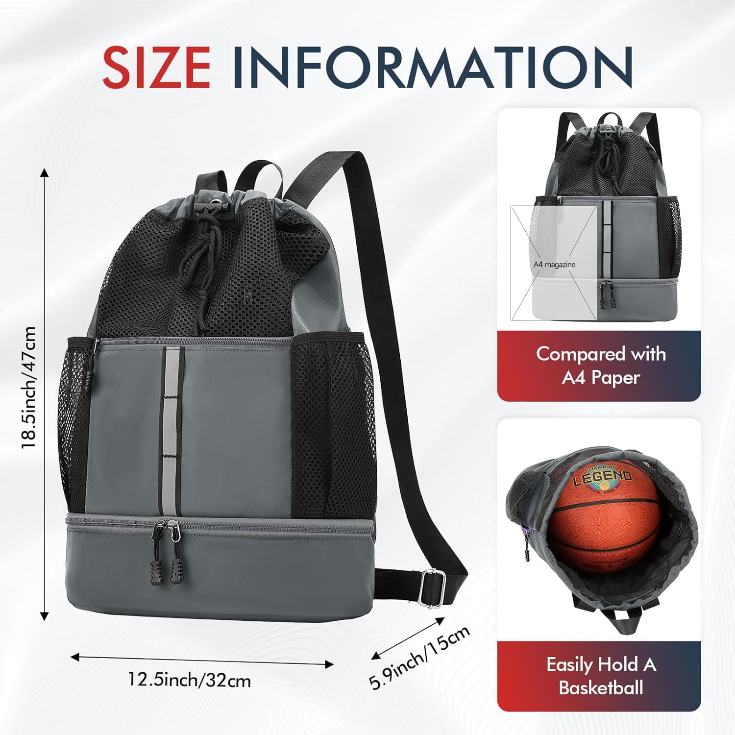 Borsa da palestra con coulisse, per uomo e donna, zaino sportivo in rete, con scomparto bagnato e scomparto per scarpe, borsa leggera da spiaggia e nuoto