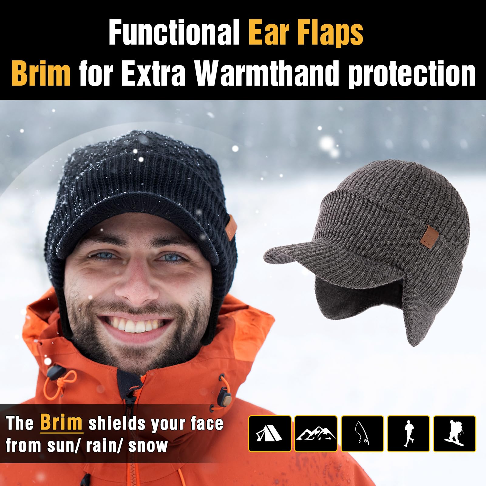 TOP-EX M/L/XL/XXL Unisex 50% Merinowolle Winter Schirmmütze wasserdichte Beanie mit Schirm, Warm Gefütterte Strickmütze für Laufsport, Winddicht