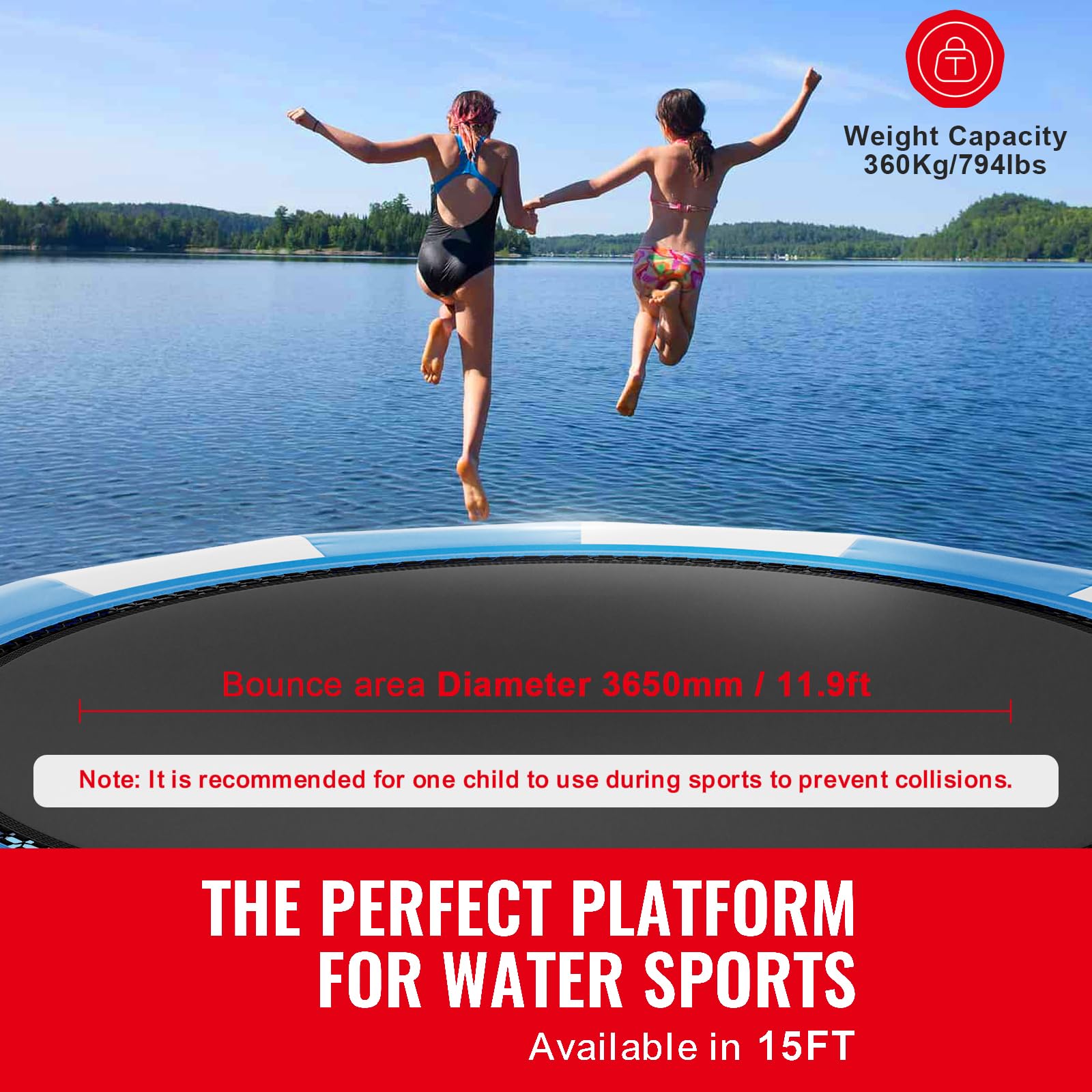 Happybuy 15ft Inflatable Water Bouncer, Portable Recreational Water Trampoline with 3-Step Ladder & Electric Air Pump for Pools, Lakes, and Water Sports