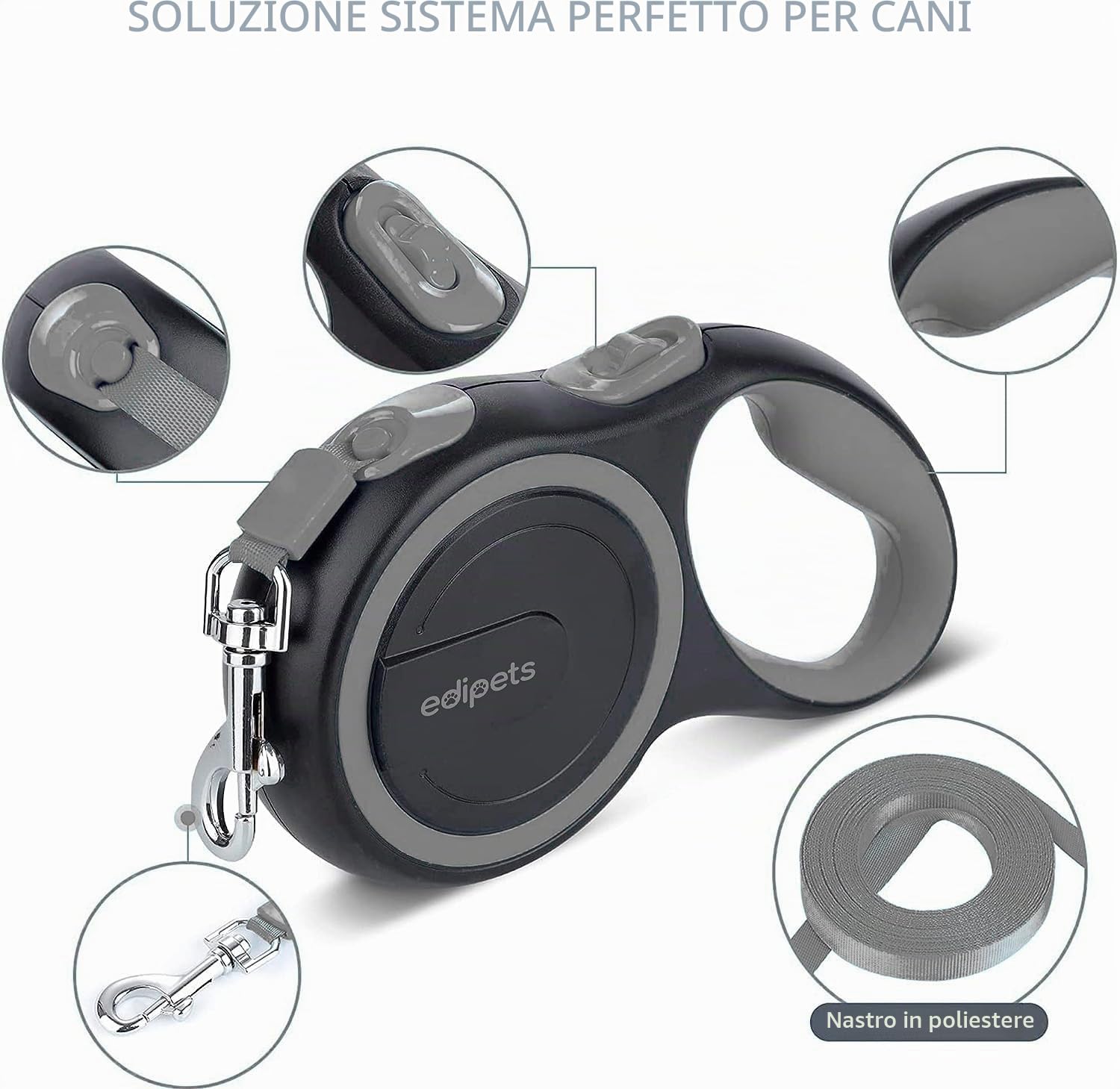 Edipets, Guinzaglio per Cani Allungabile, Retrattile, 5 e 8 Metri, Guinzaglio Flessibile per Addestramento e Passeggiate (Grigio, 8 metri)