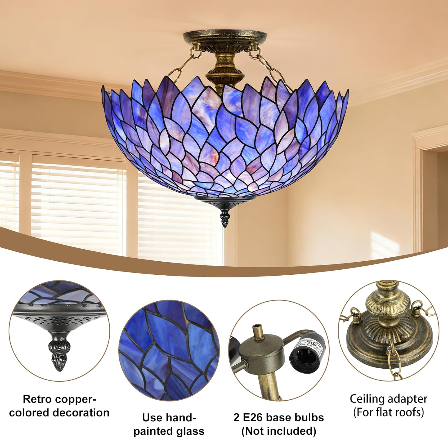 Ceiling Light Fixture Stained Glass Lamp 16X15 Inch Semi Flush Mount Lamp Chandelier for Home(Purple Wisteria Style)